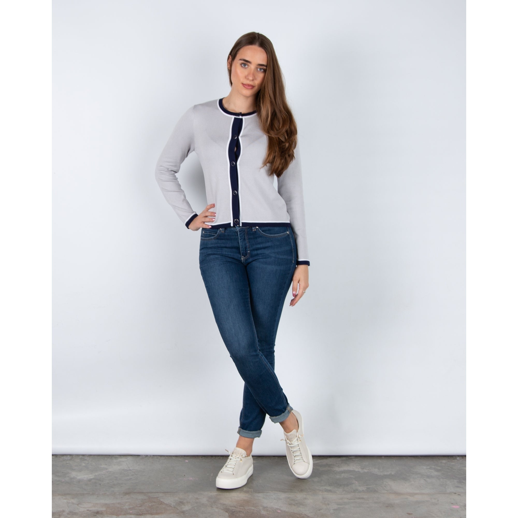 Marble Fashions Round Neck Cardigan With Contrast Stripe Edge Grey & Navy 106