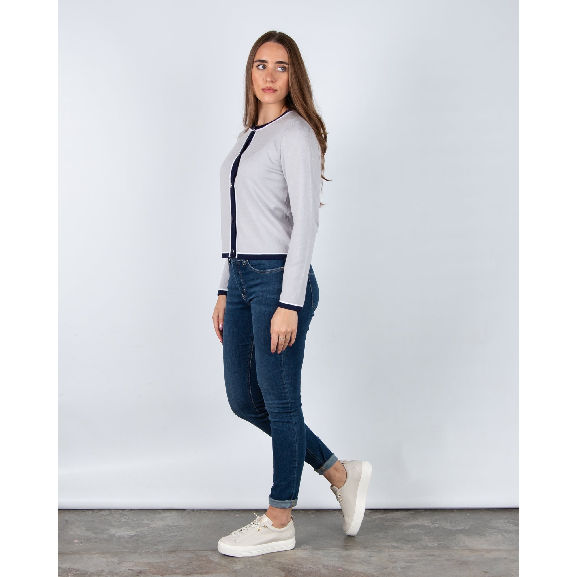 Marble Fashions Round Neck Cardigan With Contrast Stripe Edge Grey & Navy 106