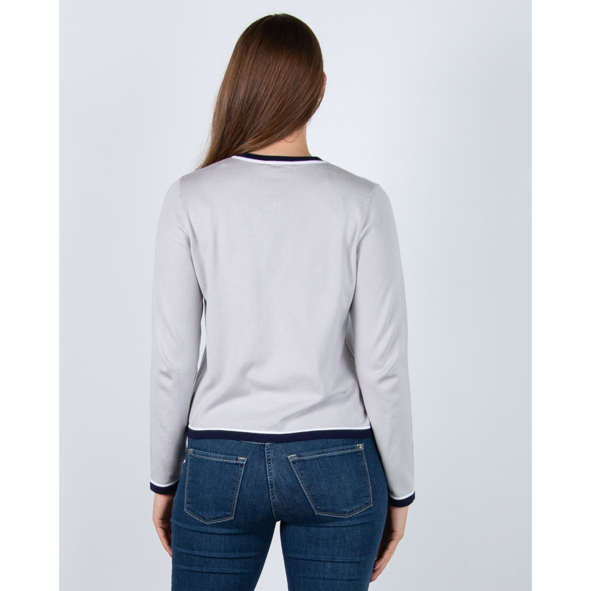 Marble Fashions Round Neck Cardigan With Contrast Stripe Edge Grey & Navy 106