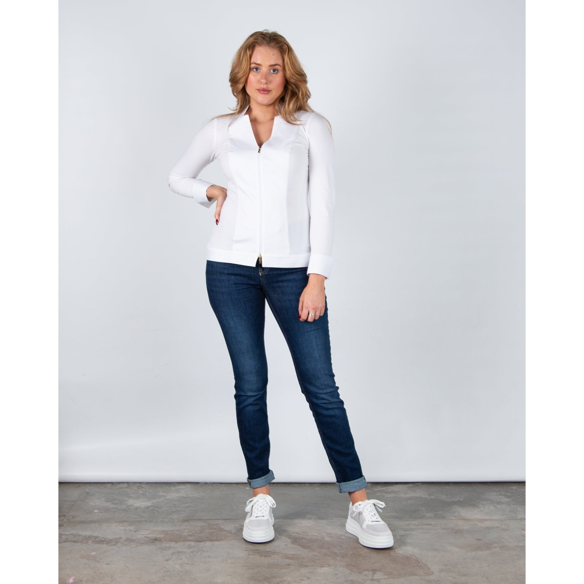 Bariloche Murada Zip Down V Neck Nehru Collar Fitted Stretch Shirt White