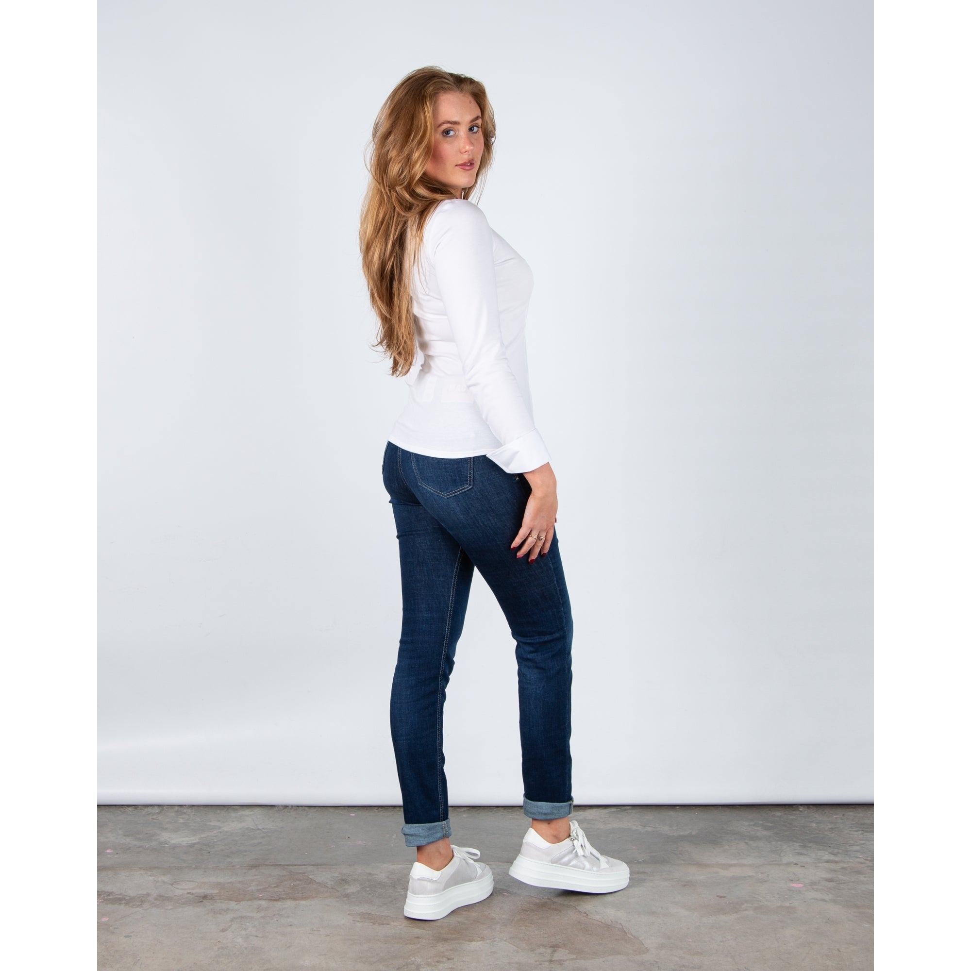 Bariloche Murada Zip Down V Neck Nehru Collar Fitted Stretch Shirt White