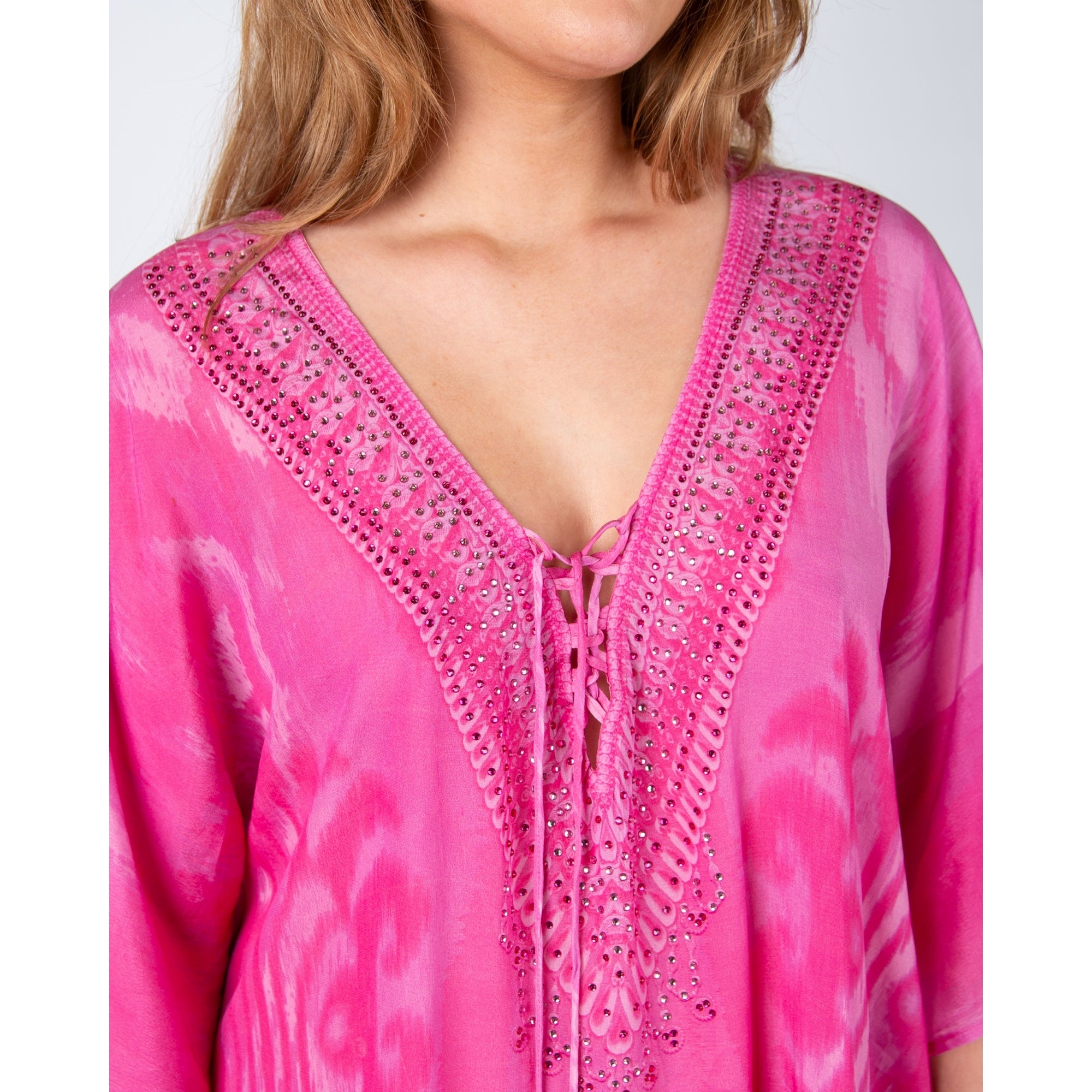Guilty Beach Tie V Neck Jewelled Tunic Kaftan Pink