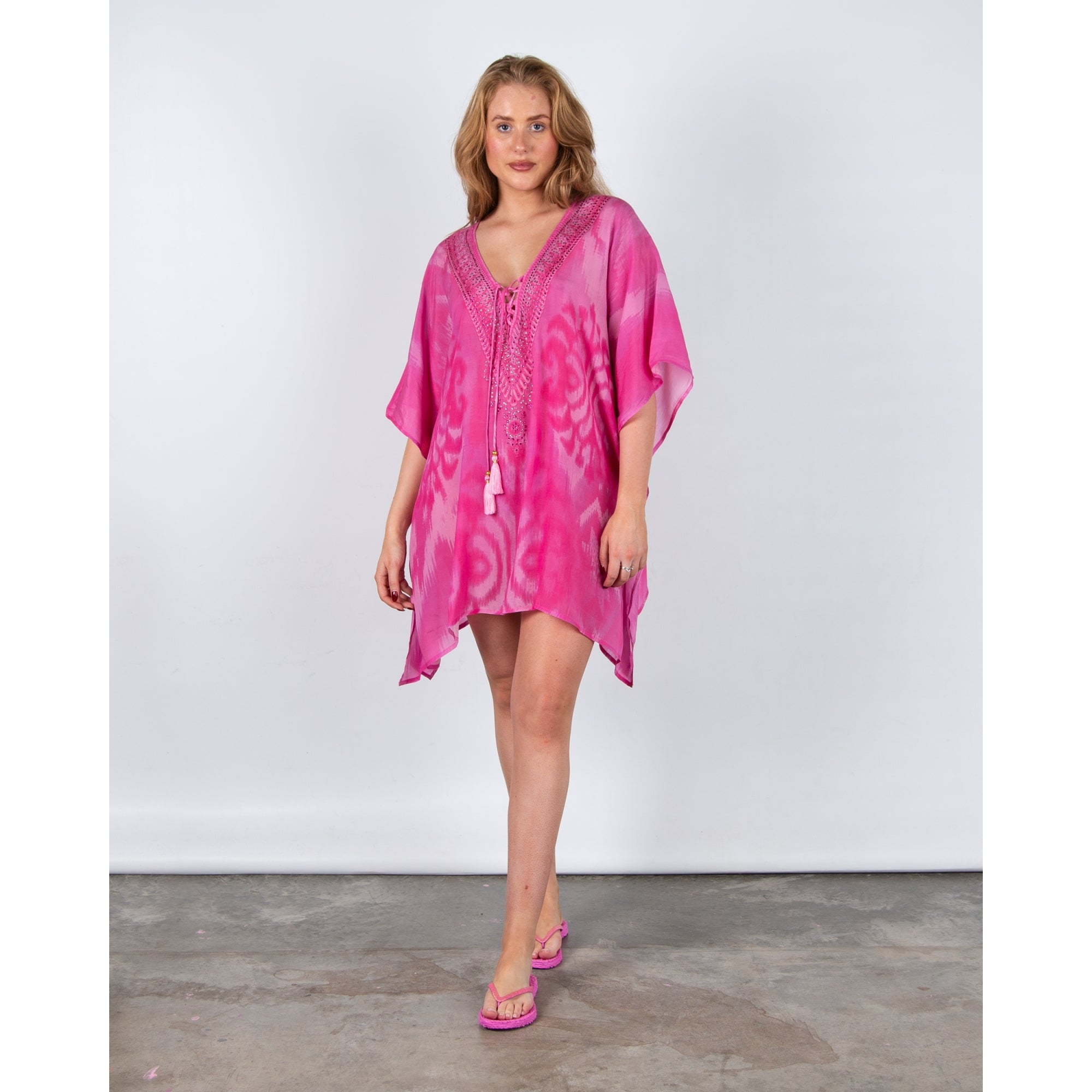Guilty Beach Tie V Neck Jewelled Tunic Kaftan Pink