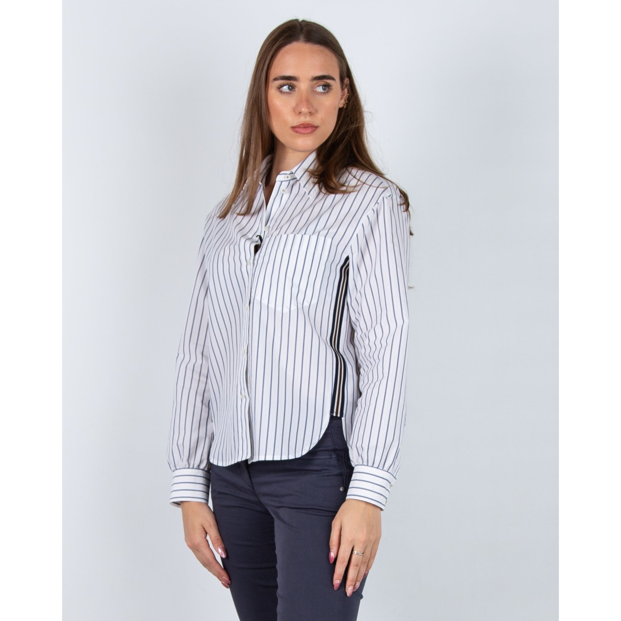 Luisa Cerano Cotton Blend Stripe Shirt With Ribbon Stripe Side White/blue