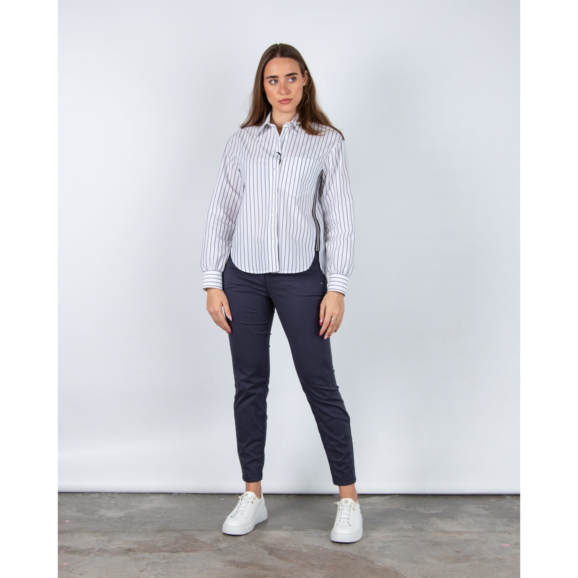 Luisa Cerano Cotton Blend Stripe Shirt With Ribbon Stripe Side White/blue