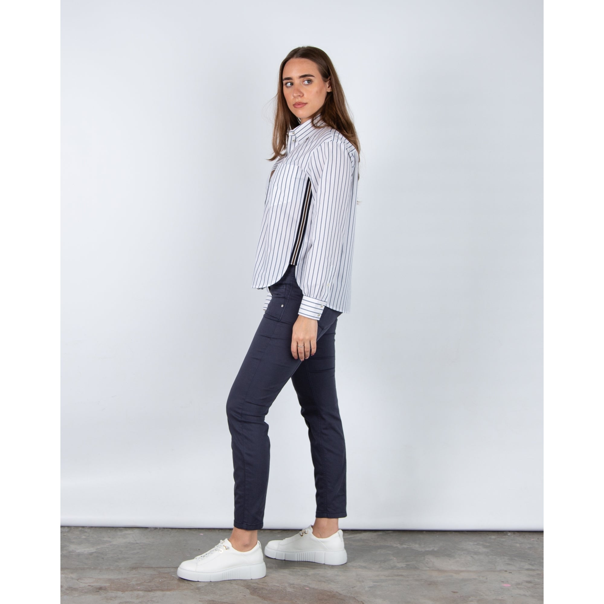 Luisa Cerano Cotton Blend Stripe Shirt With Ribbon Stripe Side White/blue
