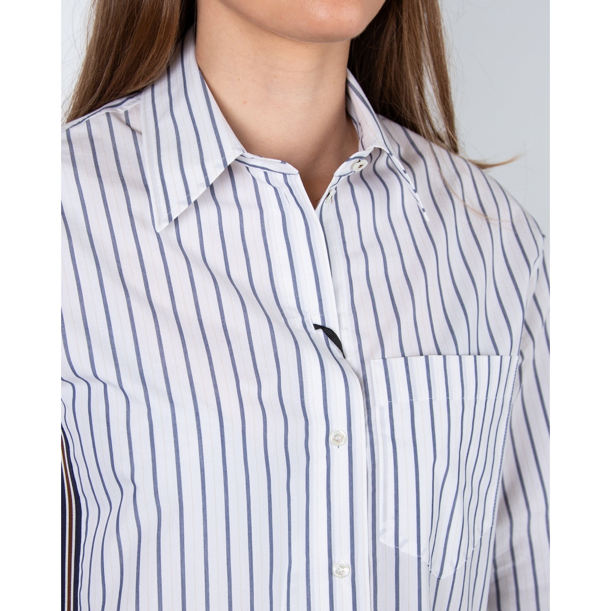 Luisa Cerano Cotton Blend Stripe Shirt With Ribbon Stripe Side White/blue