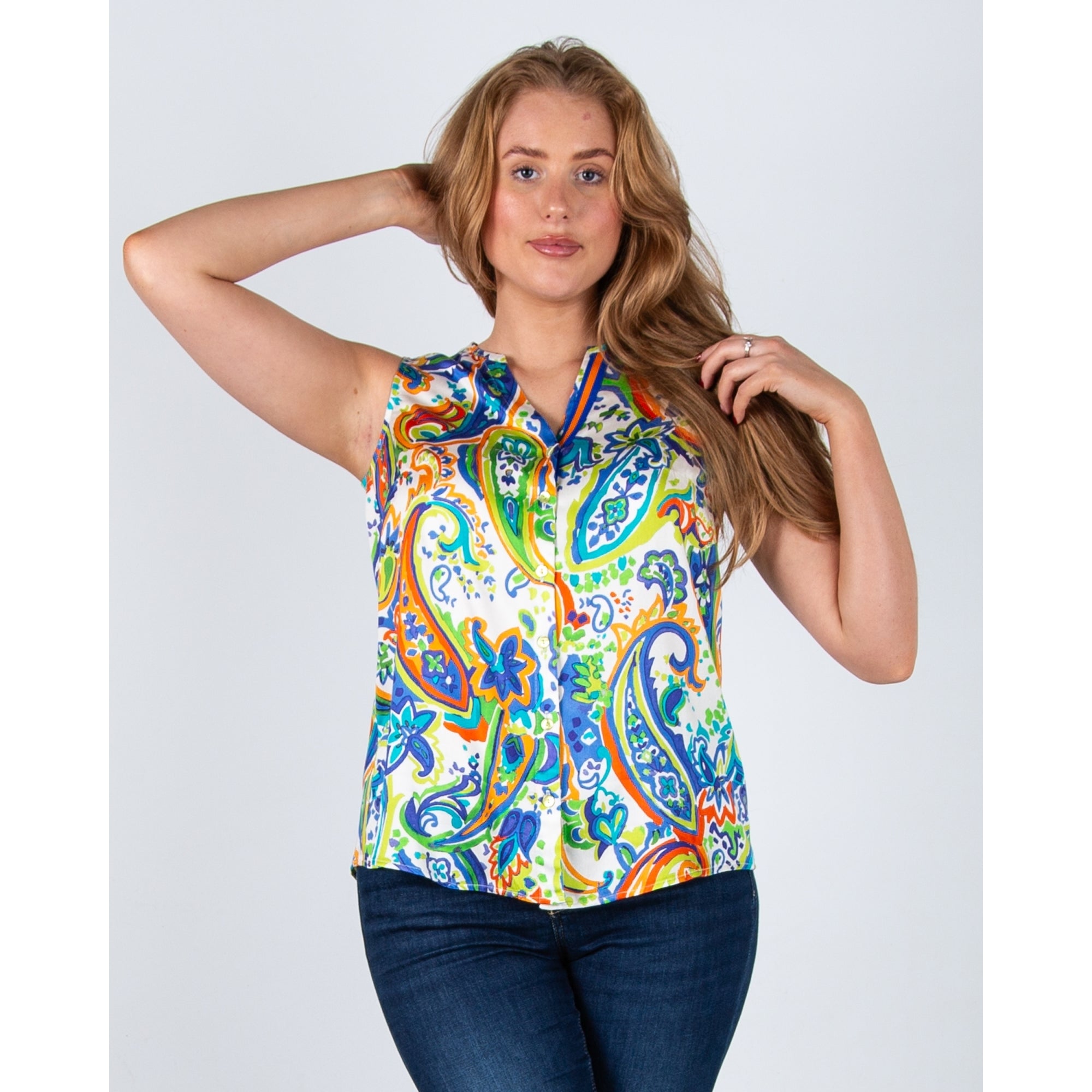 Tinta Style Tati25 Painted Paisley Print Sleeveless Blouse Blue Multi