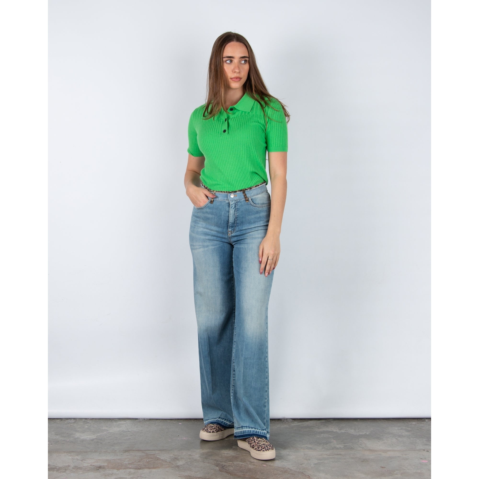 Marc Cain Wide Leg Jean With Raw Hem And Leopard Trim Light Denim