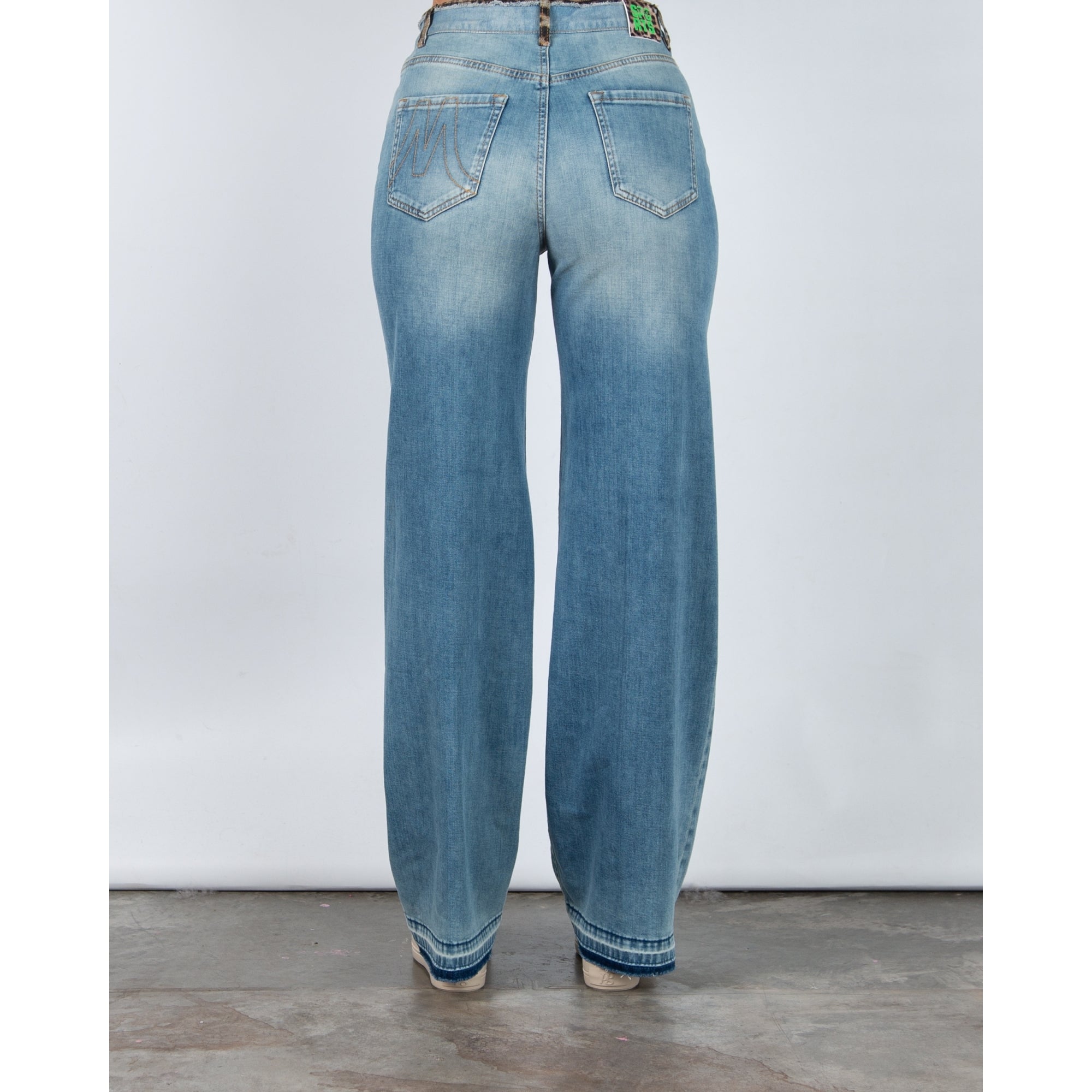 Marc Cain Wide Leg Jean With Raw Hem And Leopard Trim Light Denim
