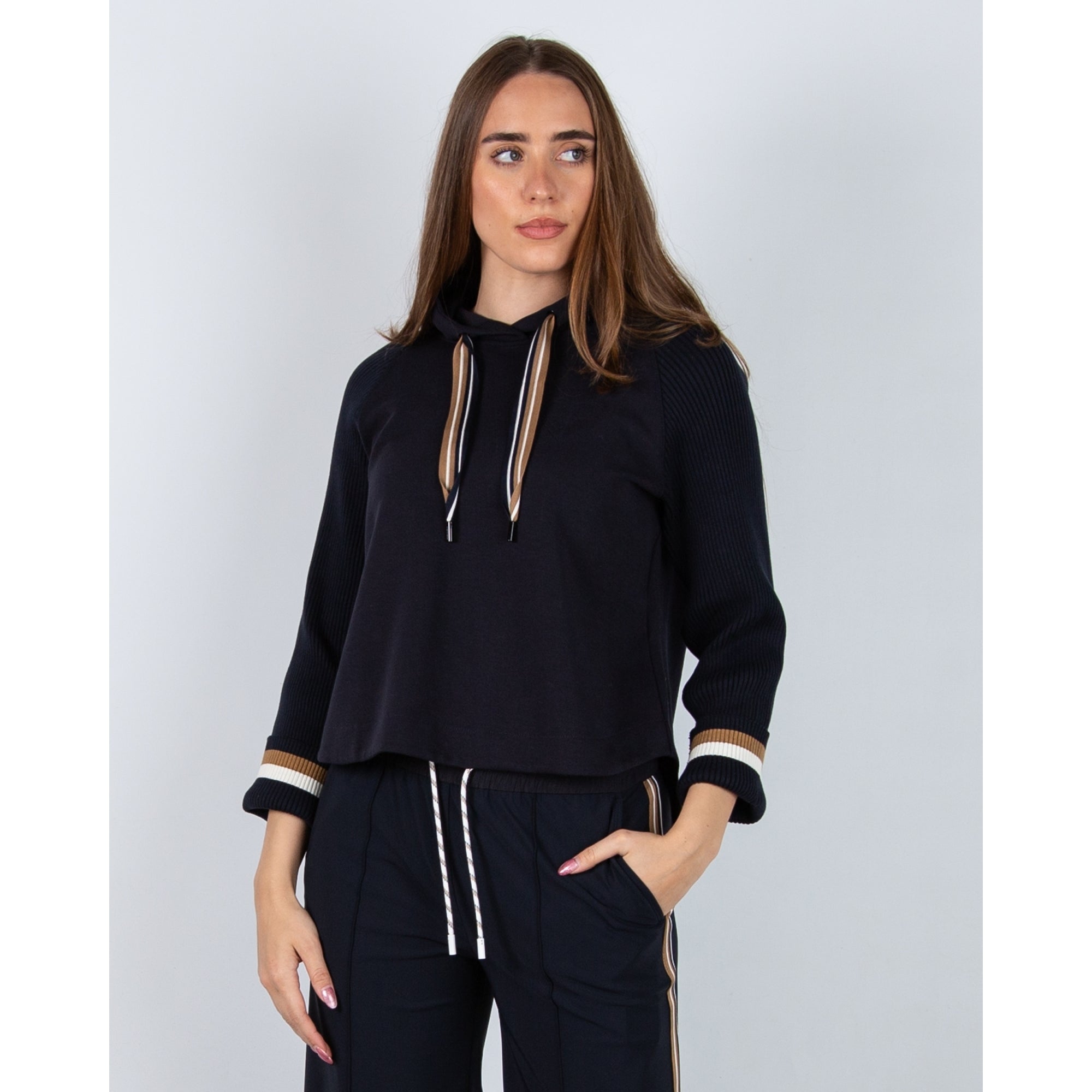 Marc Cain A Line Sweater With Rib Sleeve & Stripe Cuff Navy