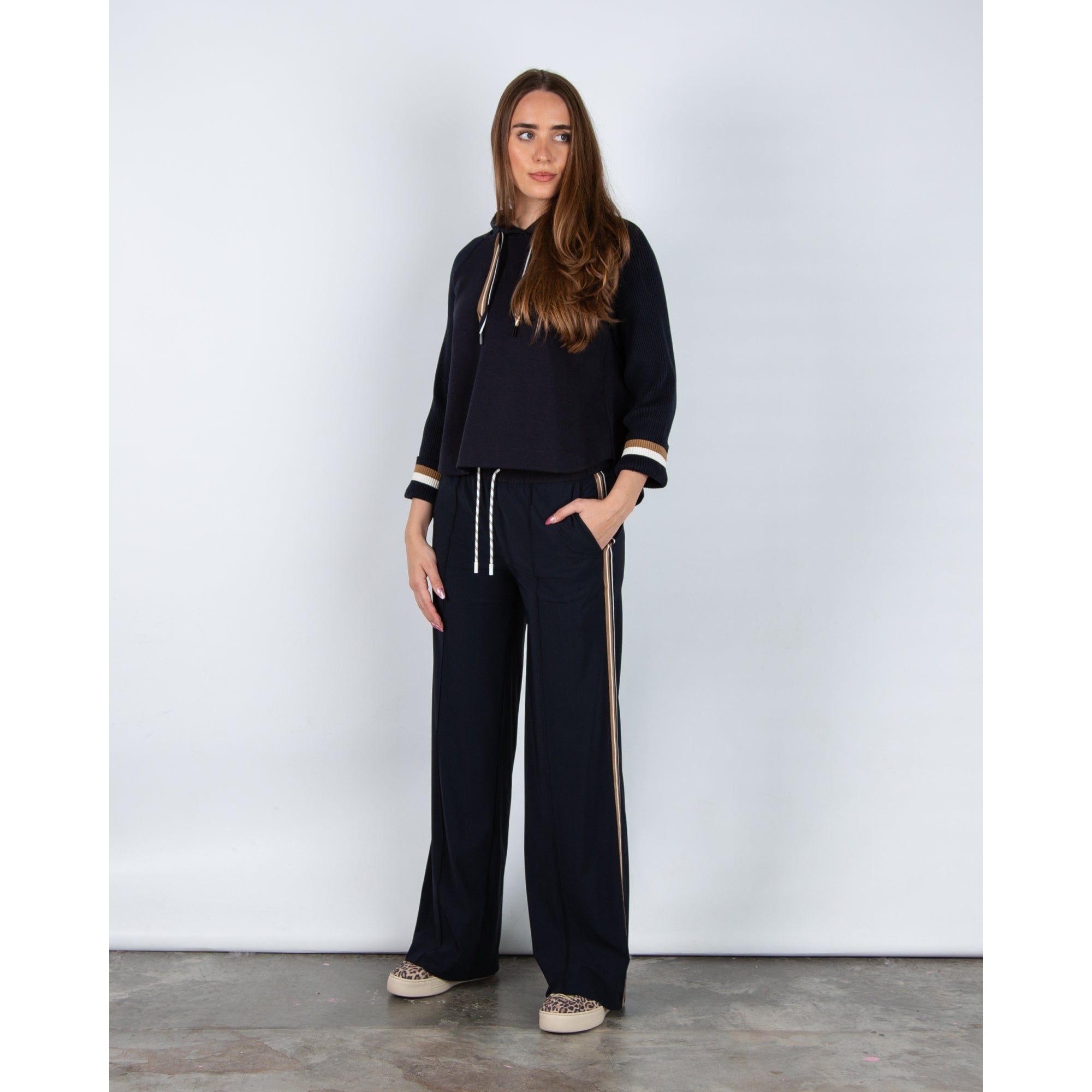 Marc Cain A Line Sweater With Rib Sleeve & Stripe Cuff Navy