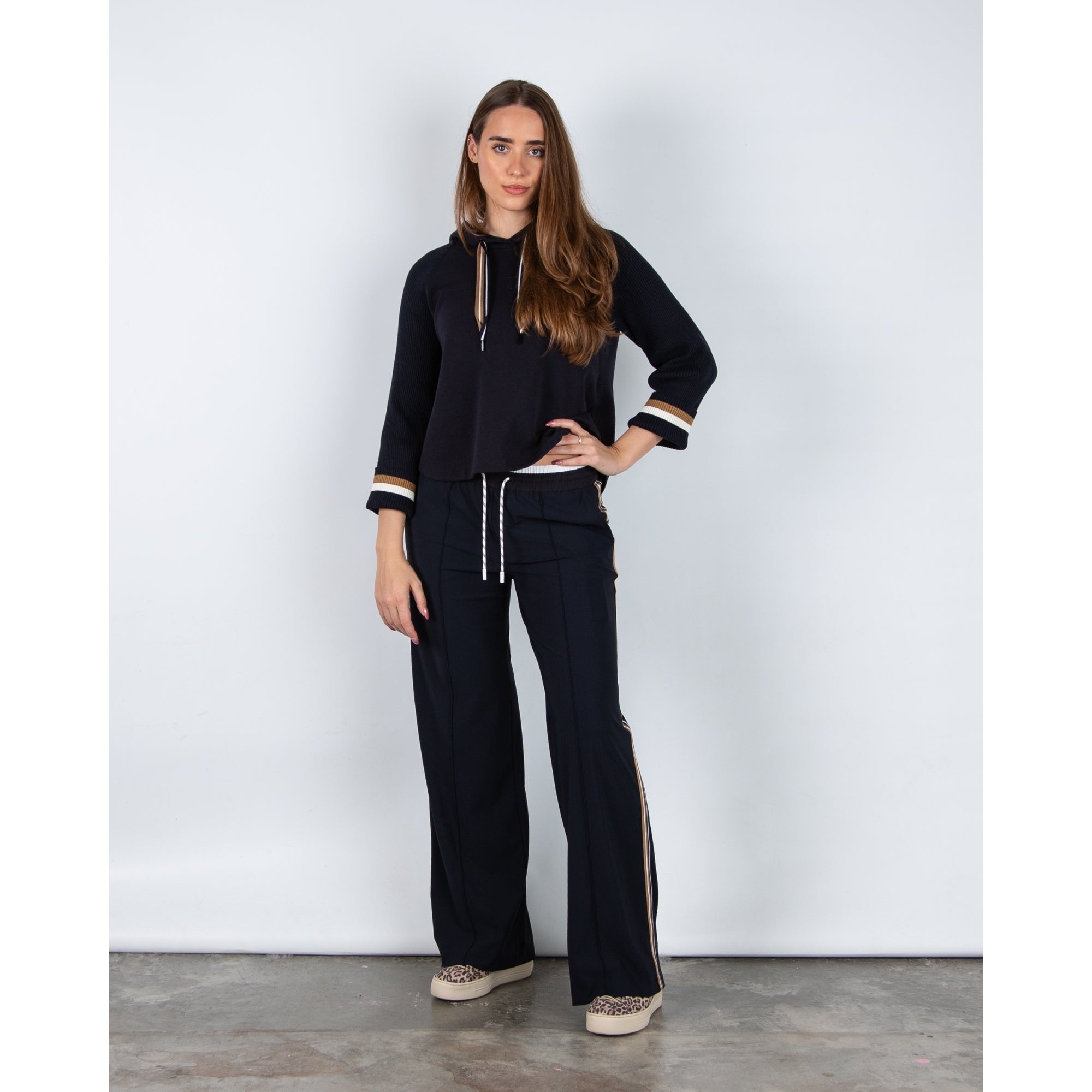 Marc Cain A Line Sweater With Rib Sleeve & Stripe Cuff Navy