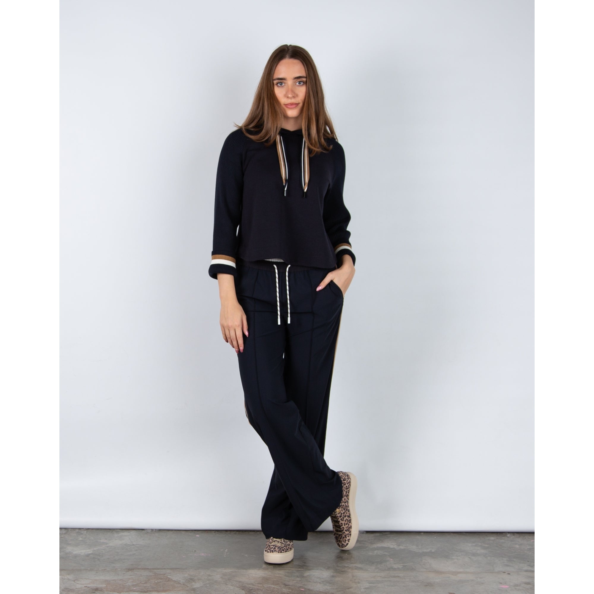 Marc Cain A Line Sweater With Rib Sleeve & Stripe Cuff Navy