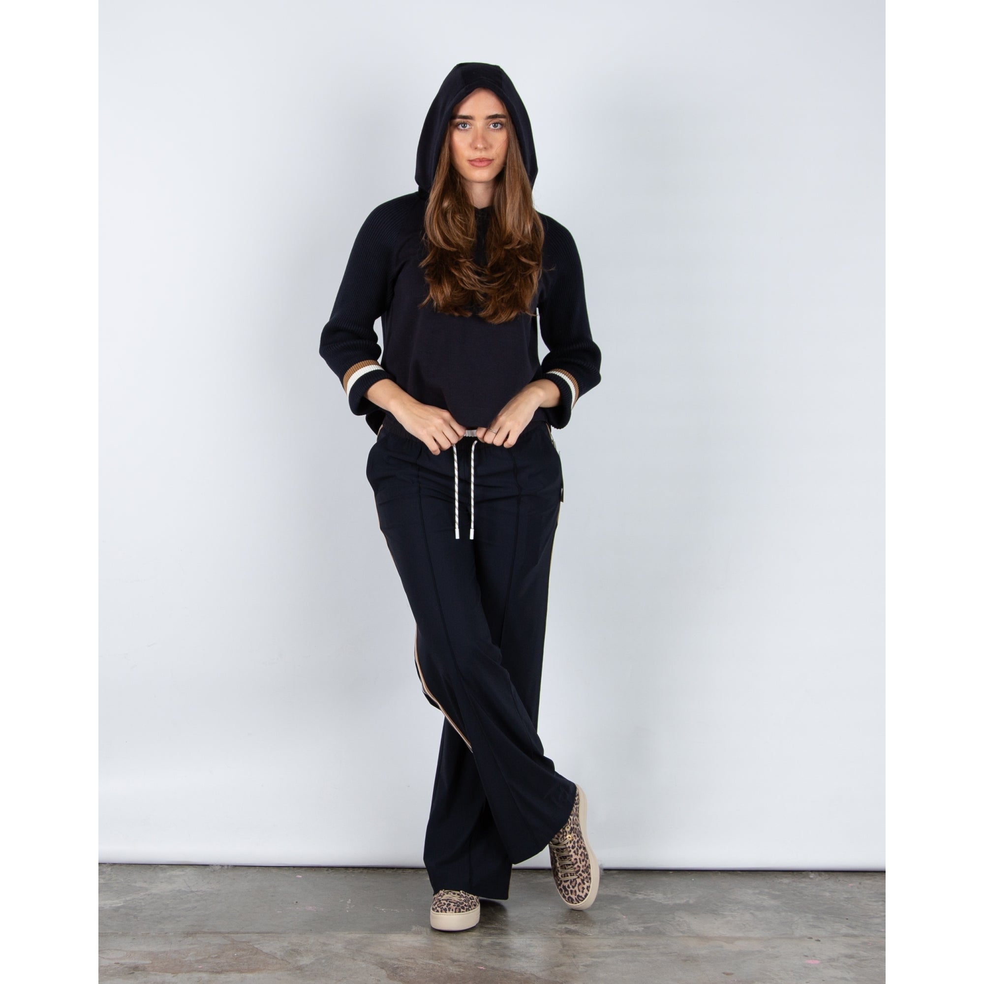 Marc Cain A Line Sweater With Rib Sleeve & Stripe Cuff Navy