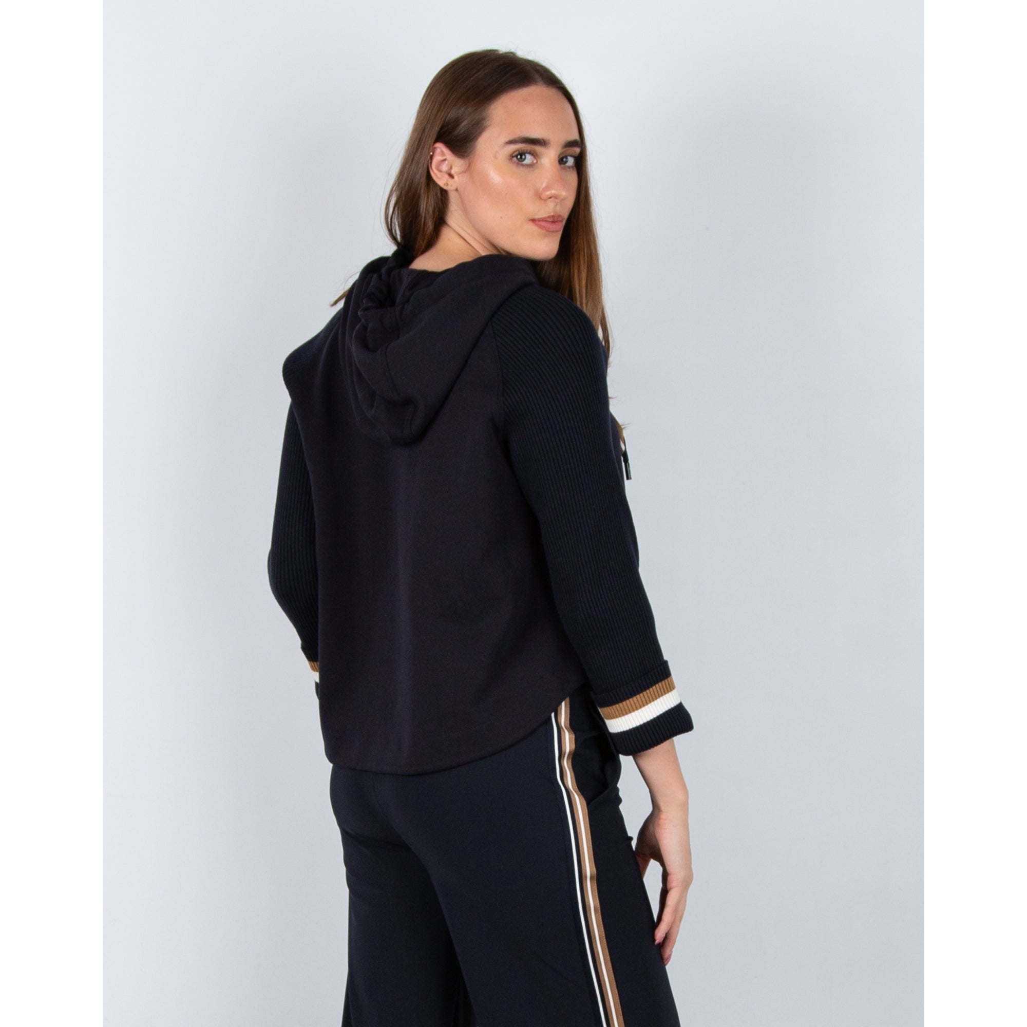 Marc Cain A Line Sweater With Rib Sleeve & Stripe Cuff Navy