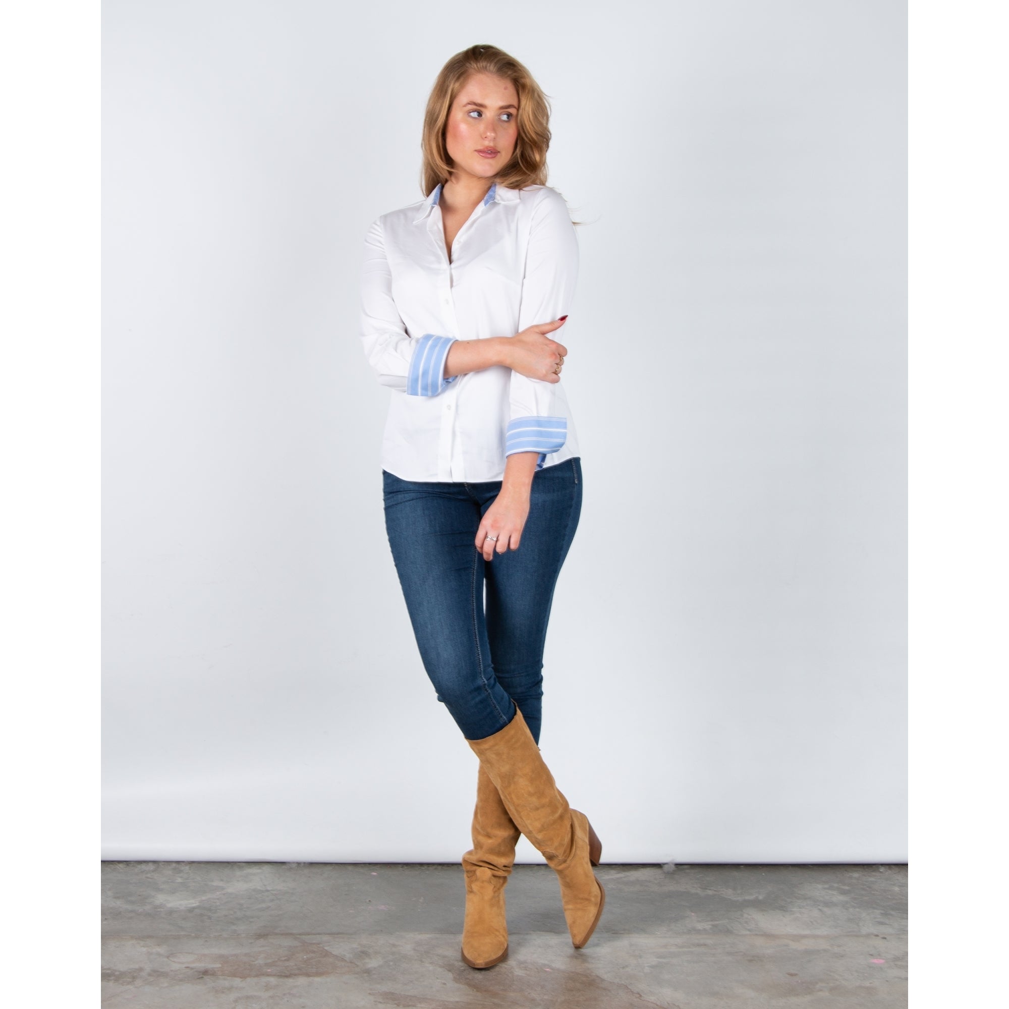 Milano Italy Fitted Cotton Shirt With Stripe Cuff White