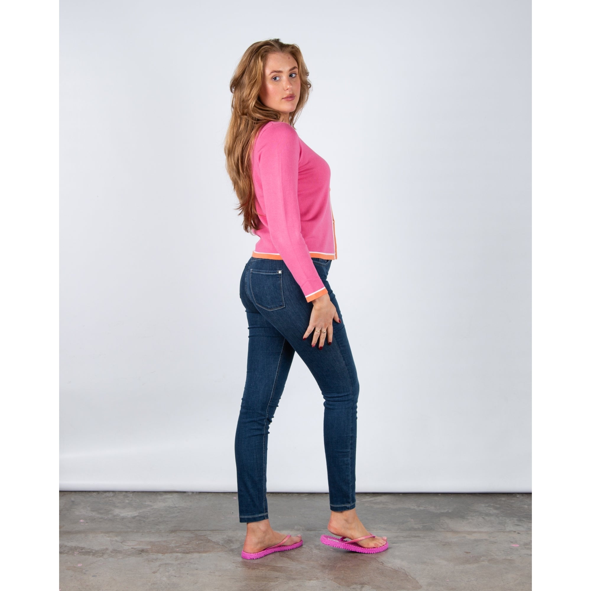 Marble Fashions Round Neck Cardigan With Contrast Stripe Edge Pink & Orange 194