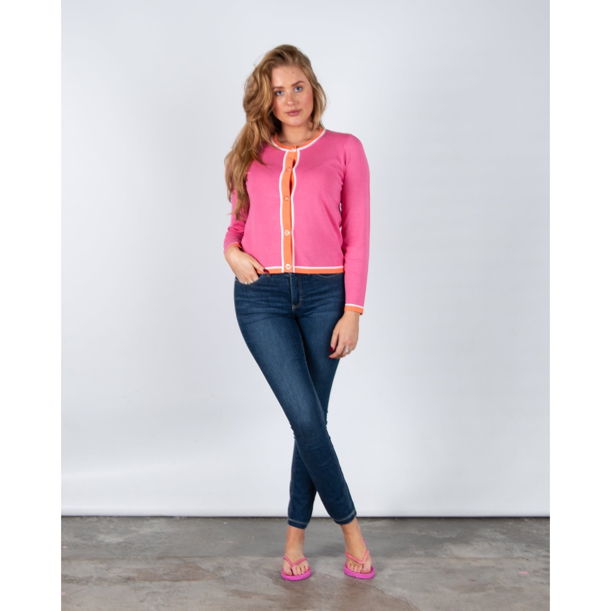 Marble Fashions Round Neck Cardigan With Contrast Stripe Edge Pink & Orange 194