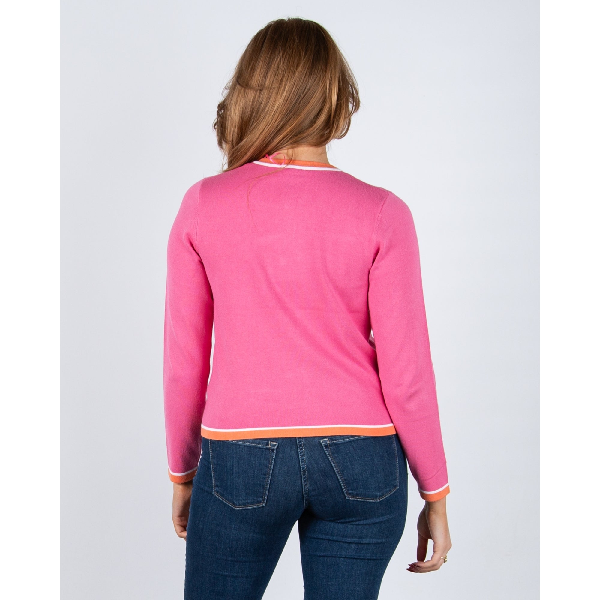 Marble Fashions Round Neck Cardigan With Contrast Stripe Edge Pink & Orange 194