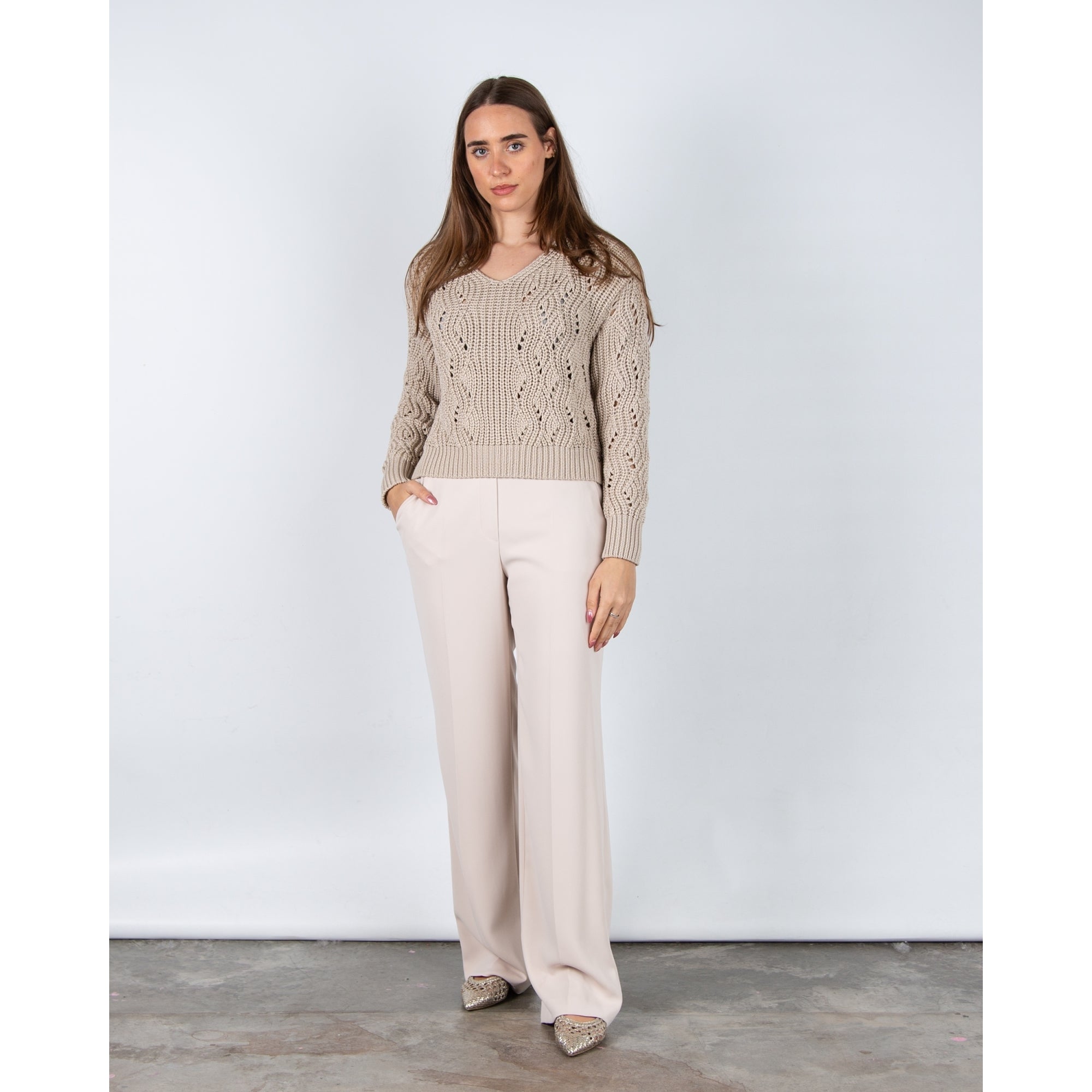 Marc Cain Chunky Crochet Knit Jumper Deep Pearl