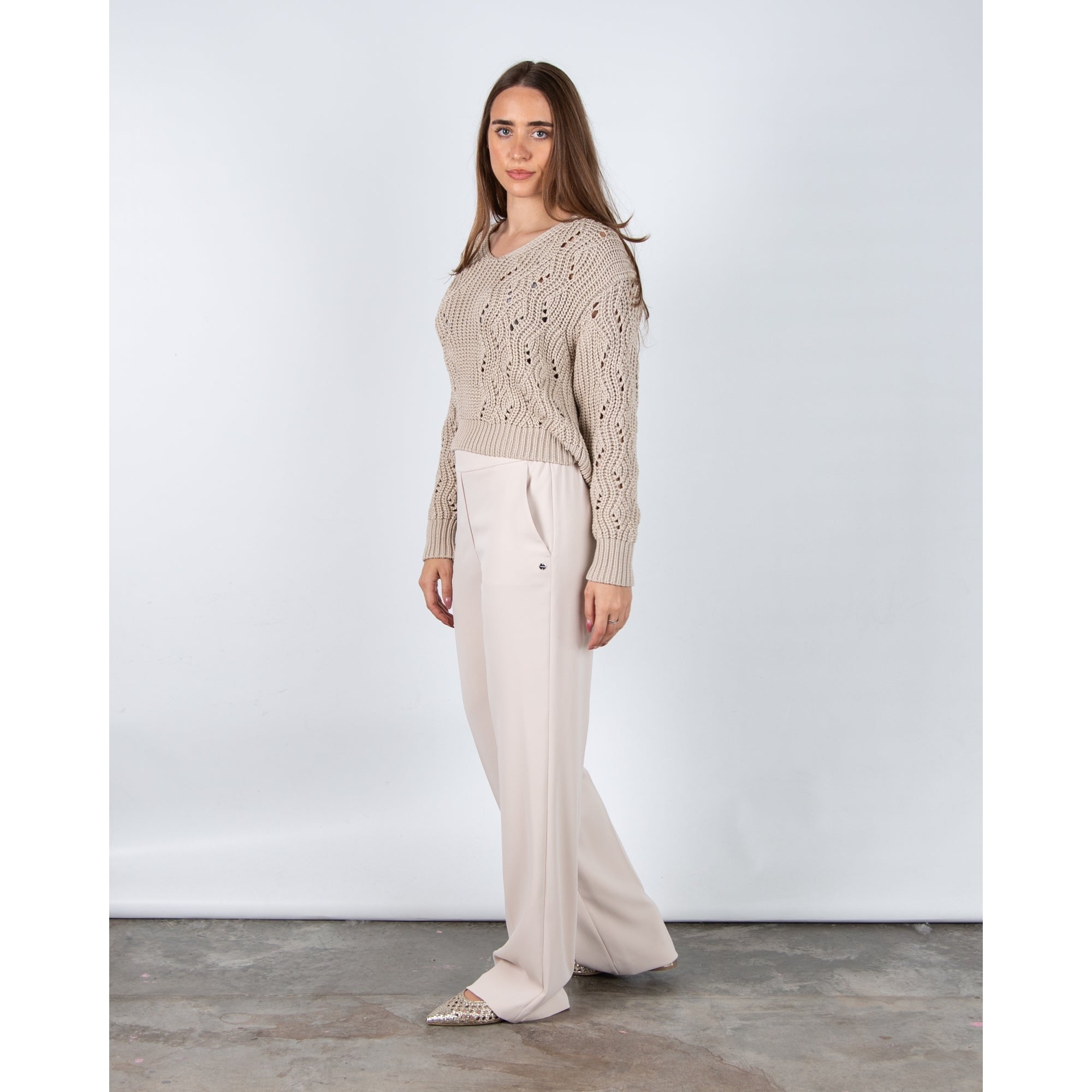 Marc Cain Chunky Crochet Knit Jumper Deep Pearl