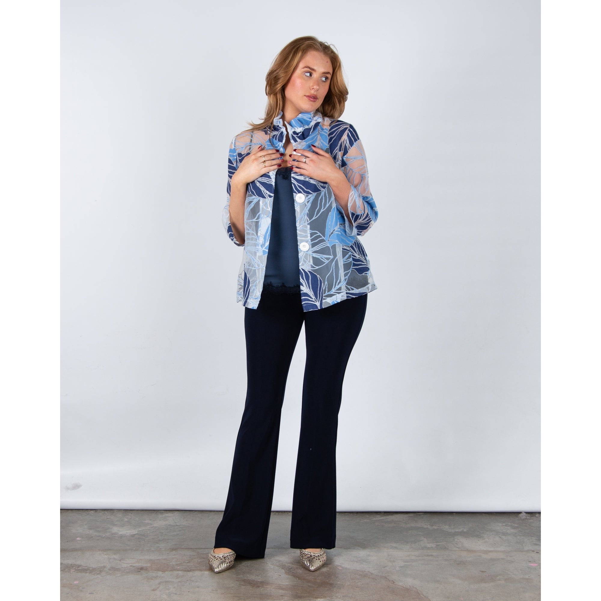 Joseph Ribkoff Fine Applique Leaf Print Shirt Jacket Blue/white