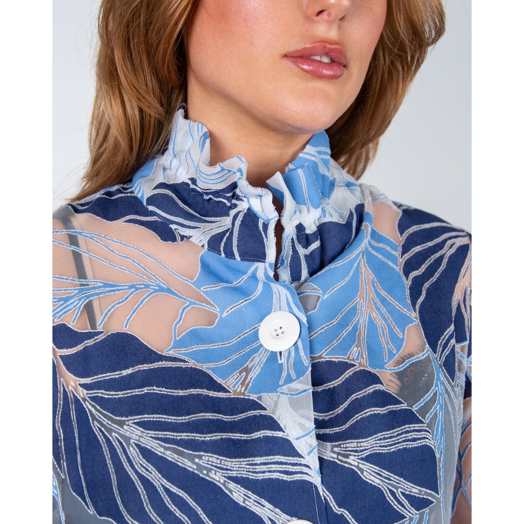 Joseph Ribkoff Fine Applique Leaf Print Shirt Jacket Blue/white