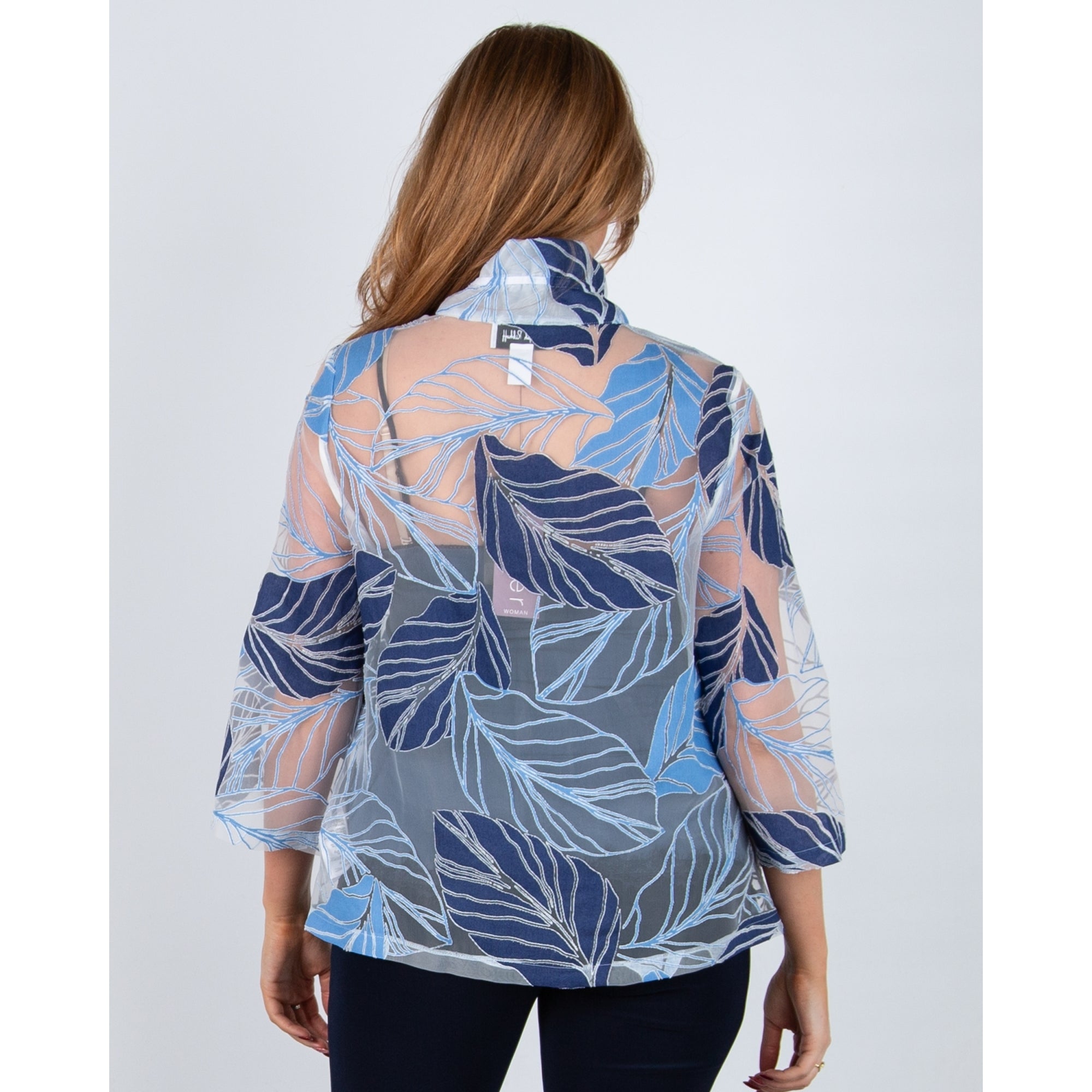 Joseph Ribkoff Fine Applique Leaf Print Shirt Jacket Blue/white