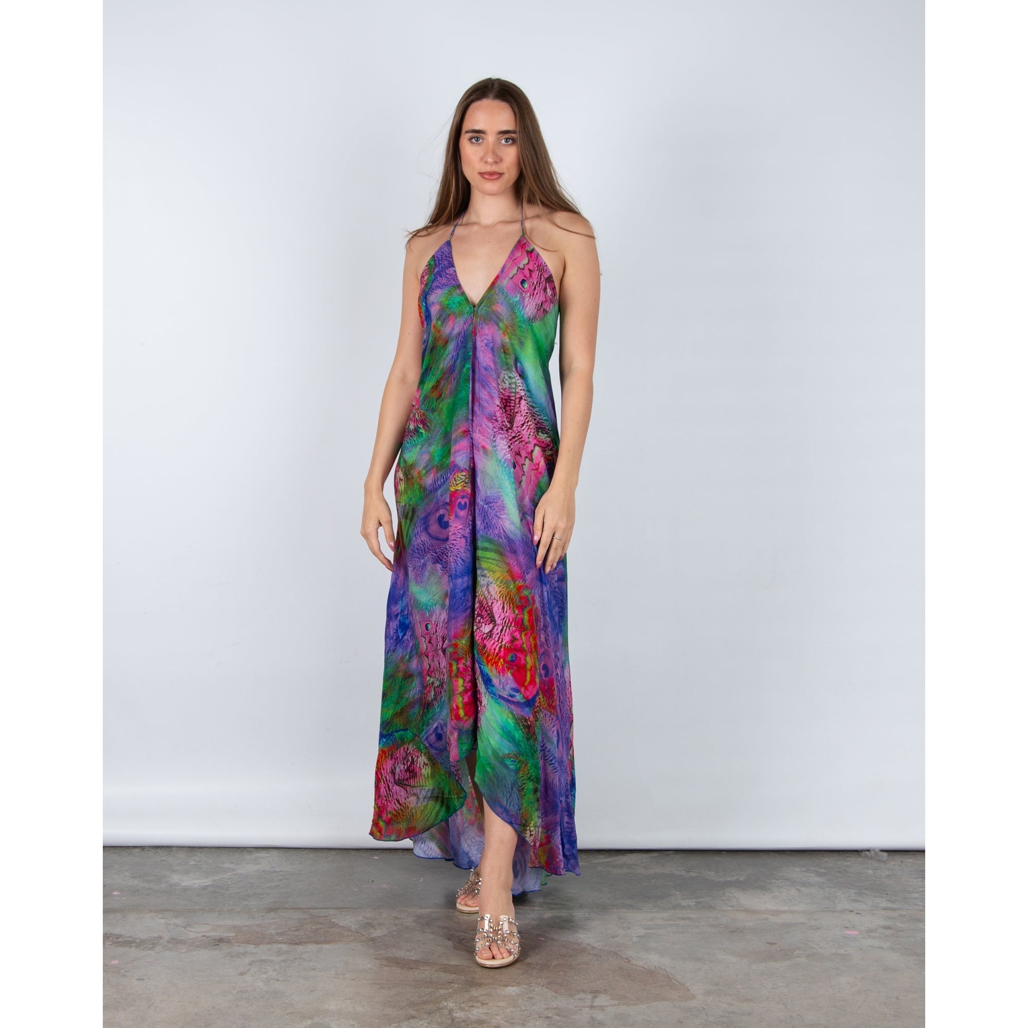 Guilty Beach Peacock Print Low Back Halter Neck Maxi Dress Purple Multi