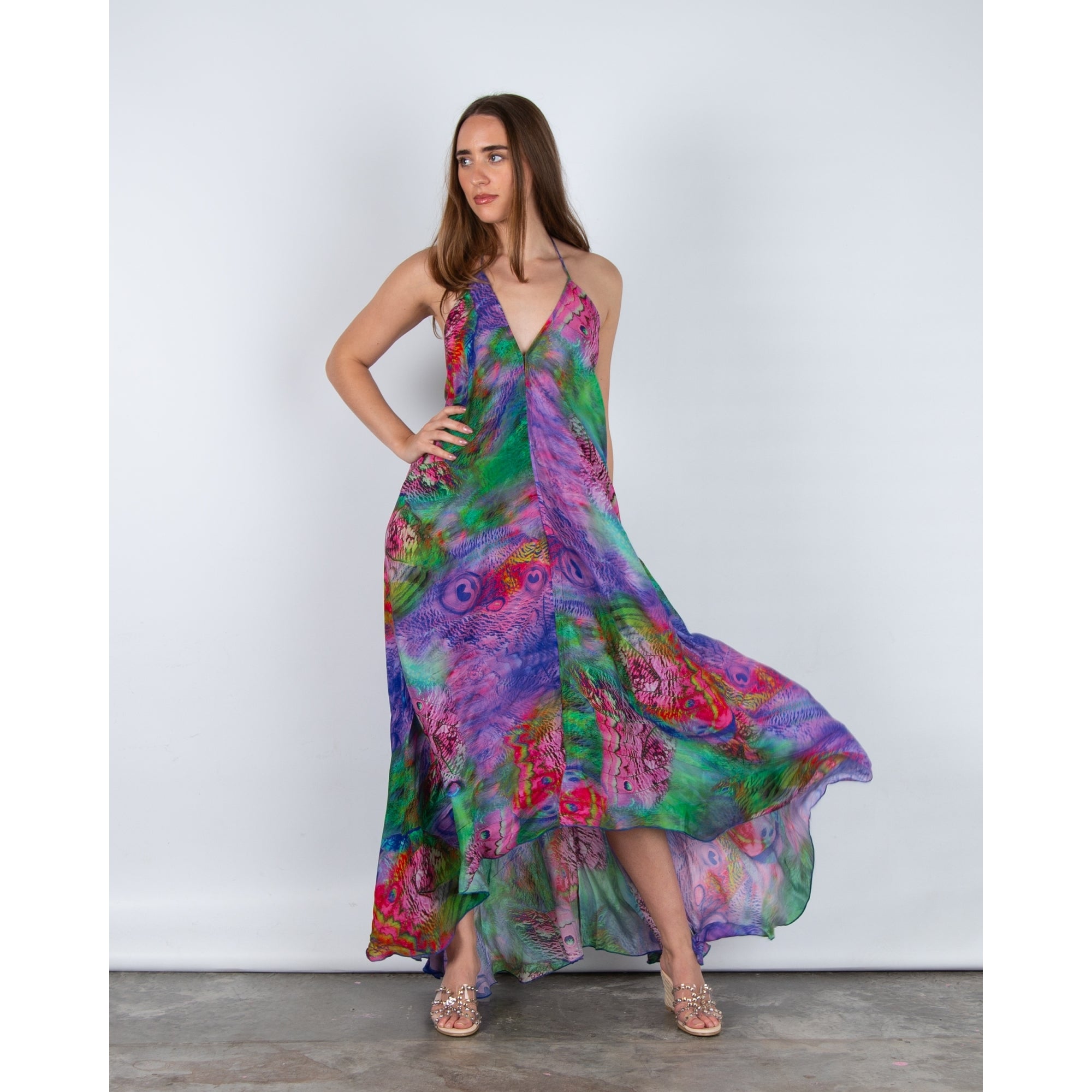 Guilty Beach Peacock Print Low Back Halter Neck Maxi Dress Purple Multi