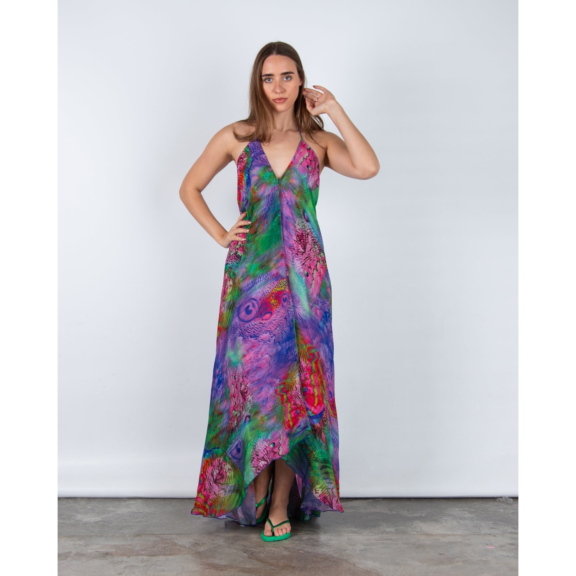 Guilty Beach Peacock Print Low Back Halter Neck Maxi Dress Purple Multi