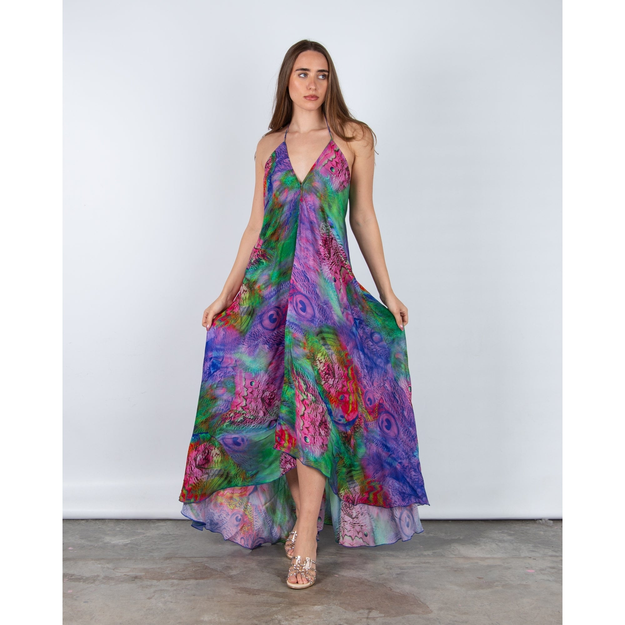 Guilty Beach Peacock Print Low Back Halter Neck Maxi Dress Purple Multi