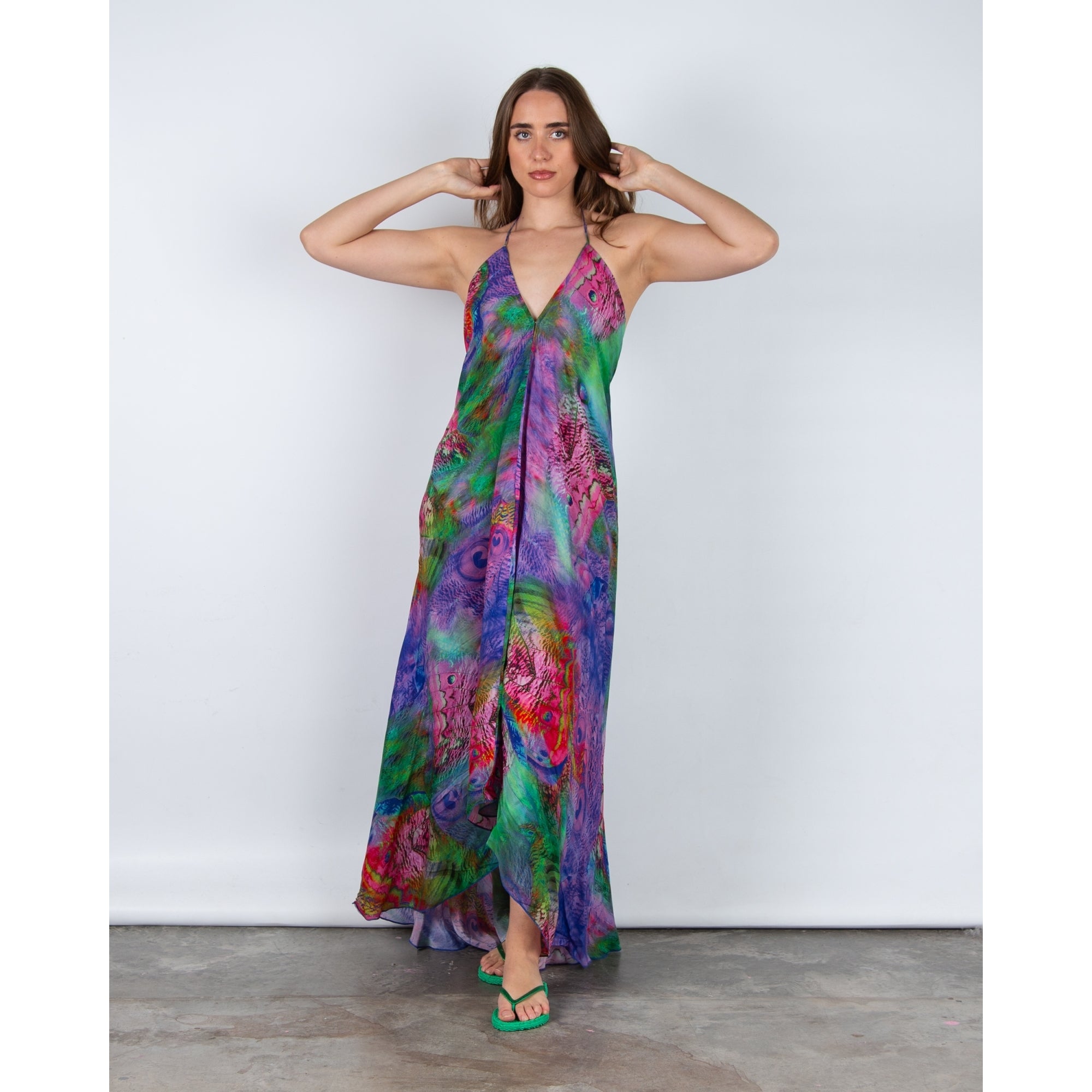 Guilty Beach Peacock Print Low Back Halter Neck Maxi Dress Purple Multi