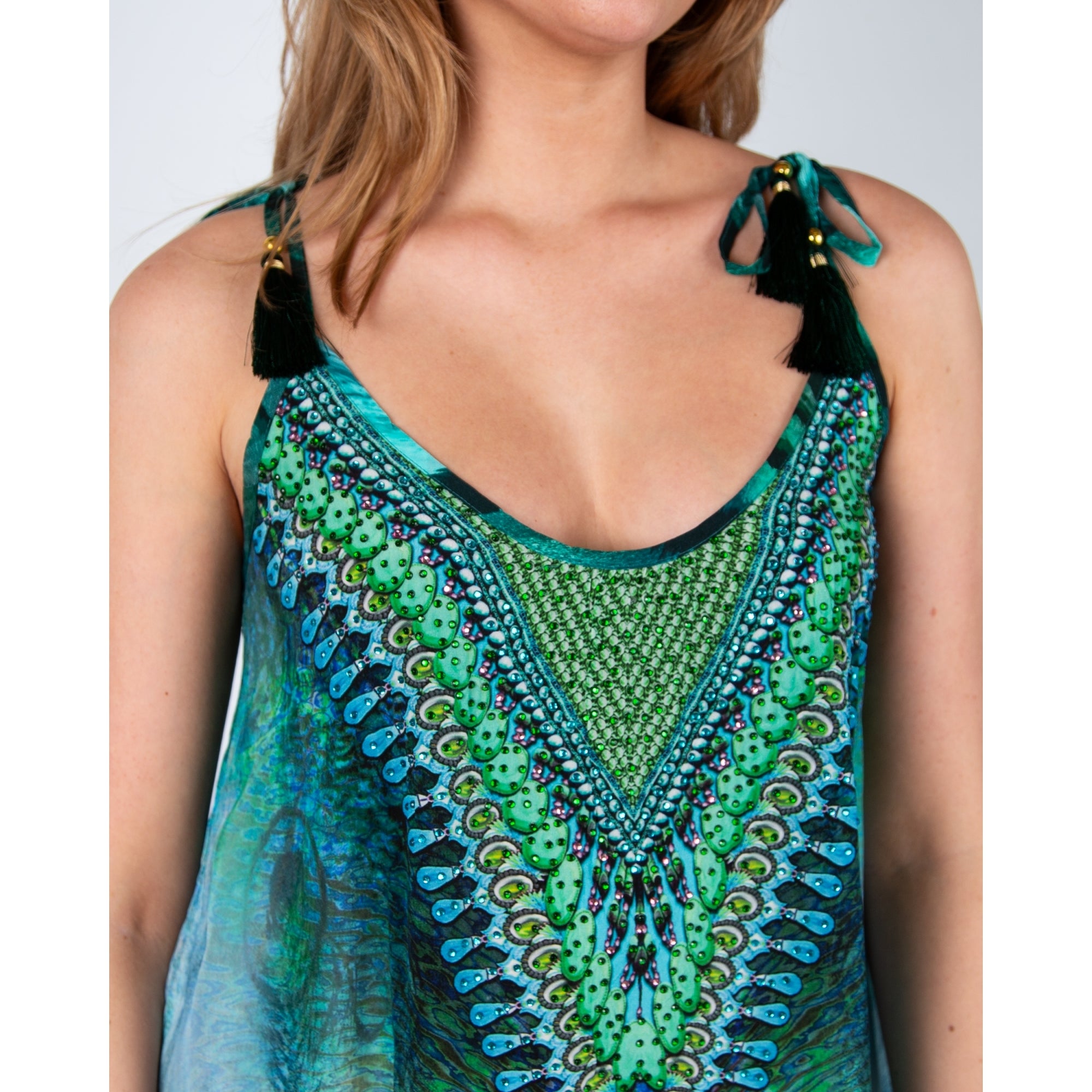 Guilty Beach Spaghetti Strap Tie Shoulder Jewelled Maxi Dress Emerald