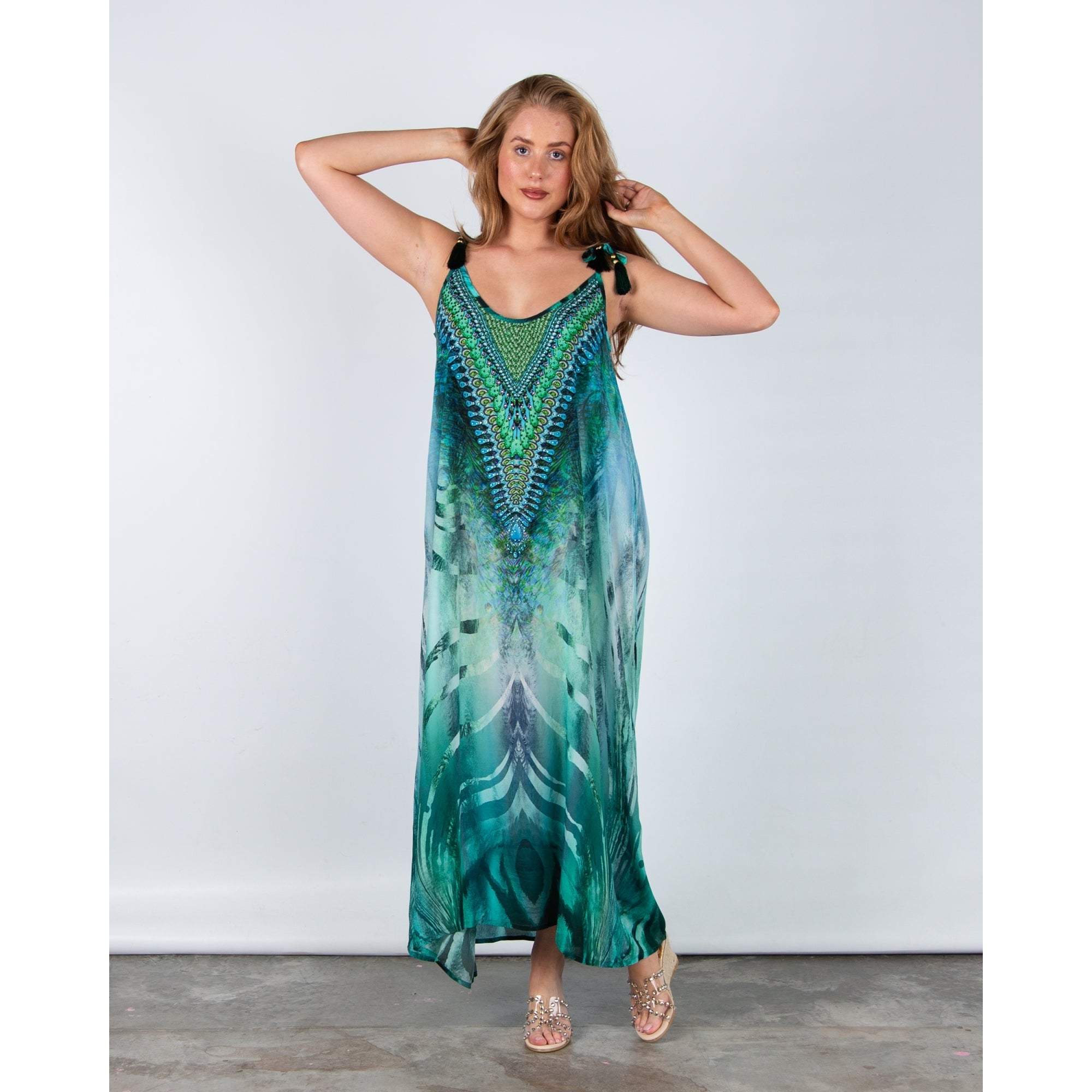 Guilty Beach Spaghetti Strap Tie Shoulder Jewelled Maxi Dress Emerald