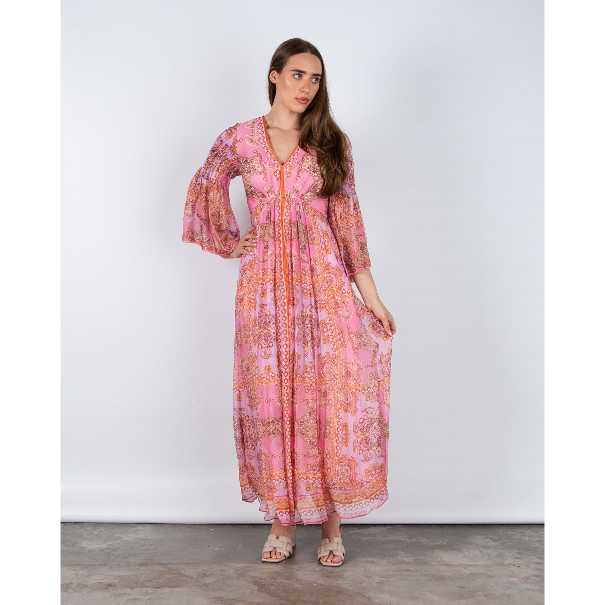 Hale Bob Paisley Print Empire Seam Maxi Dress With Flute Sleeves Pink/coral