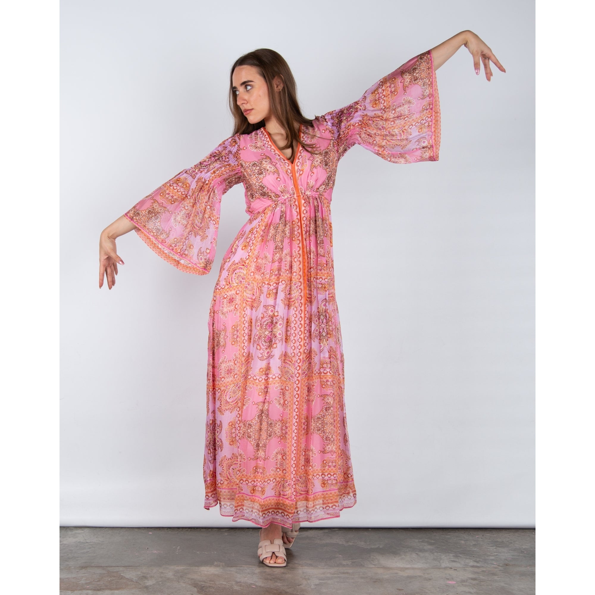 Hale Bob Paisley Print Empire Seam Maxi Dress With Flute Sleeves Pink/coral