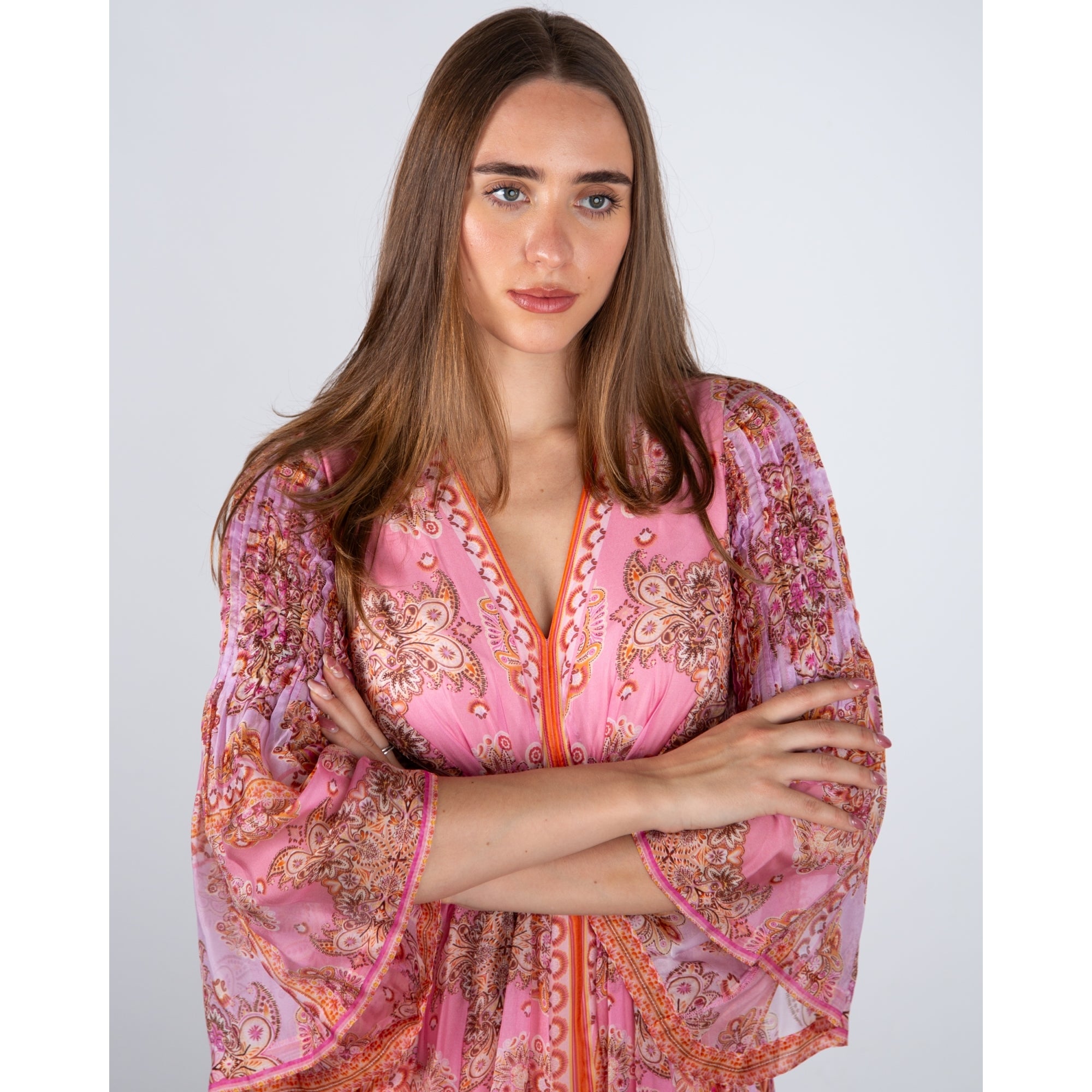 Hale Bob Paisley Print Empire Seam Maxi Dress With Flute Sleeves Pink/coral