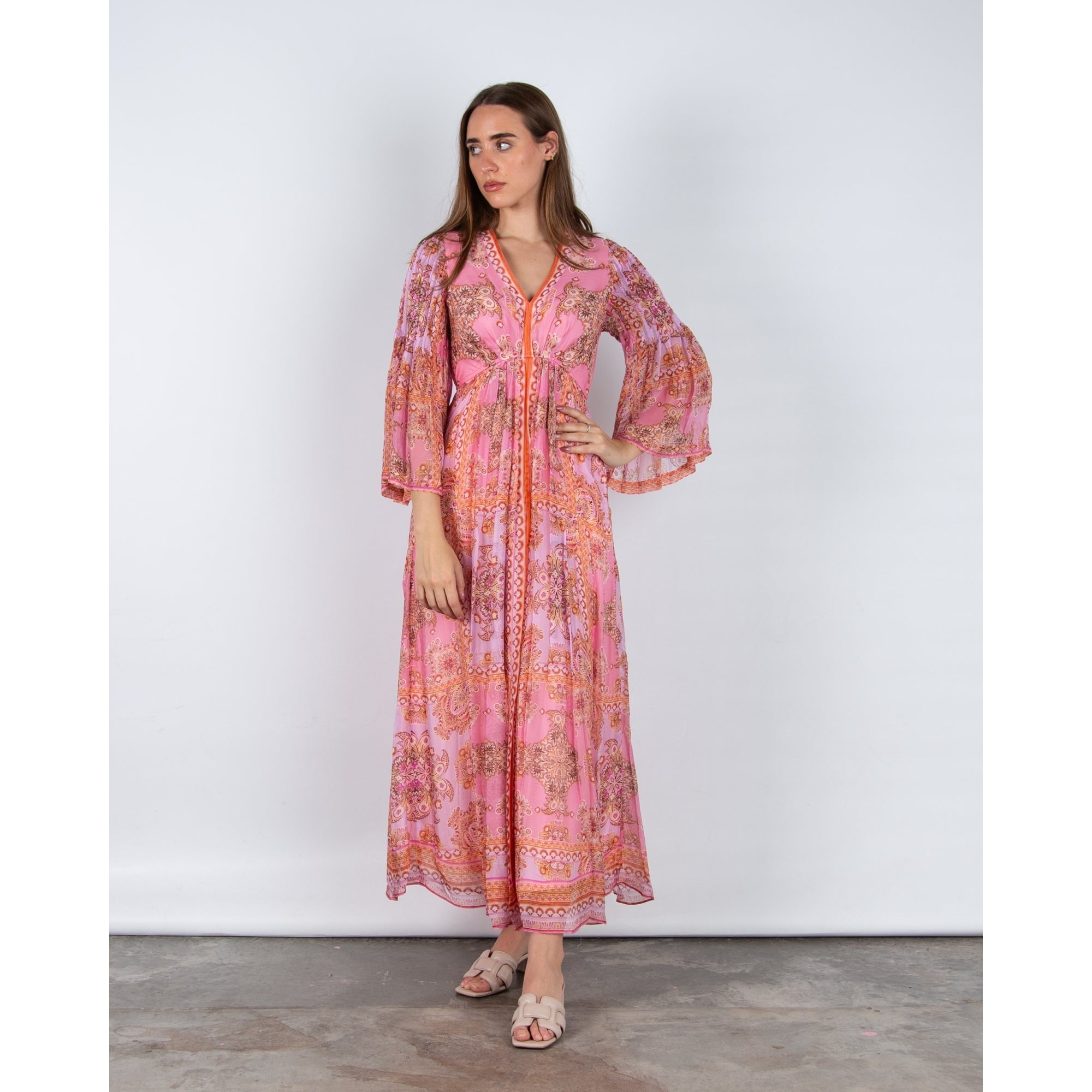Hale Bob Paisley Print Empire Seam Maxi Dress With Flute Sleeves Pink/coral