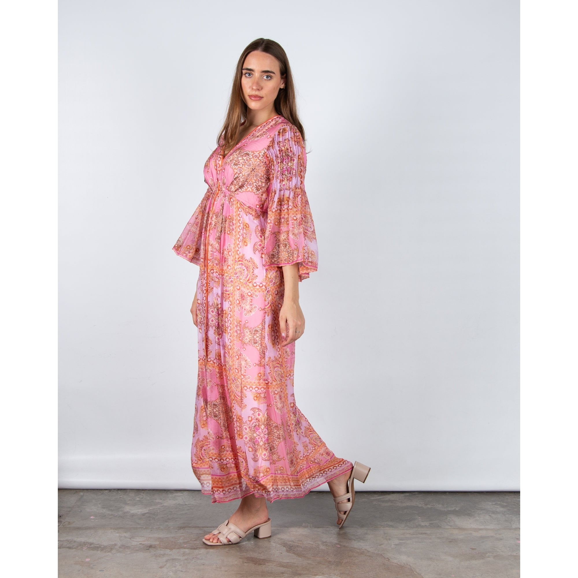 Hale Bob Paisley Print Empire Seam Maxi Dress With Flute Sleeves Pink/coral