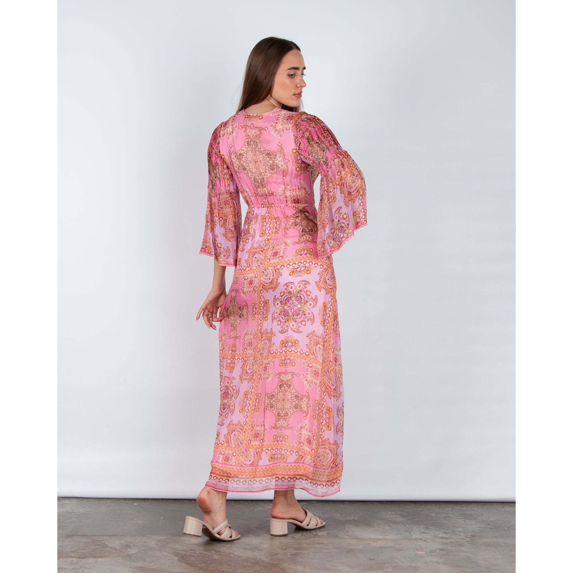 Hale Bob Paisley Print Empire Seam Maxi Dress With Flute Sleeves Pink/coral