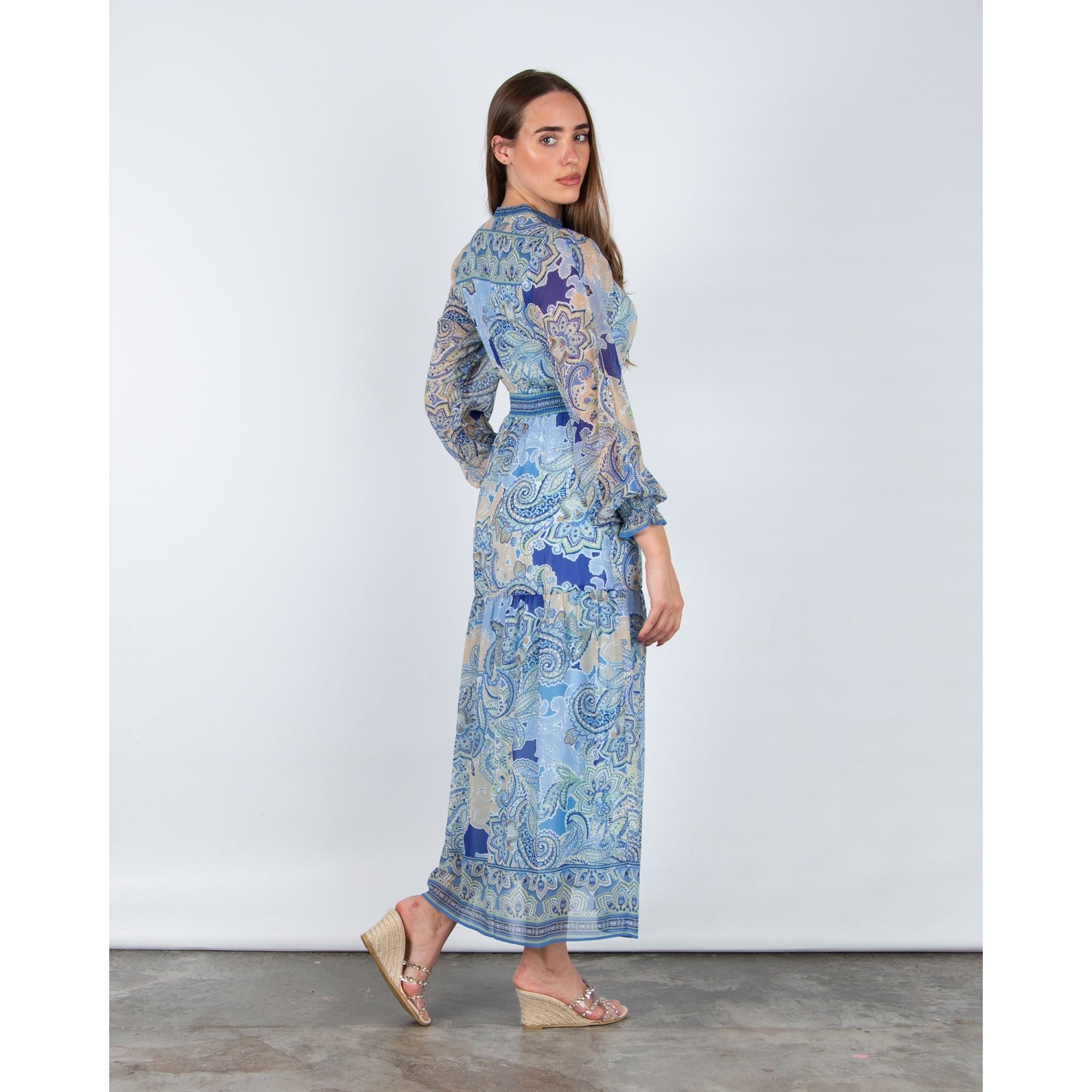 Hale Bob Paisley Button Front Dress With Elastic Waist Blue