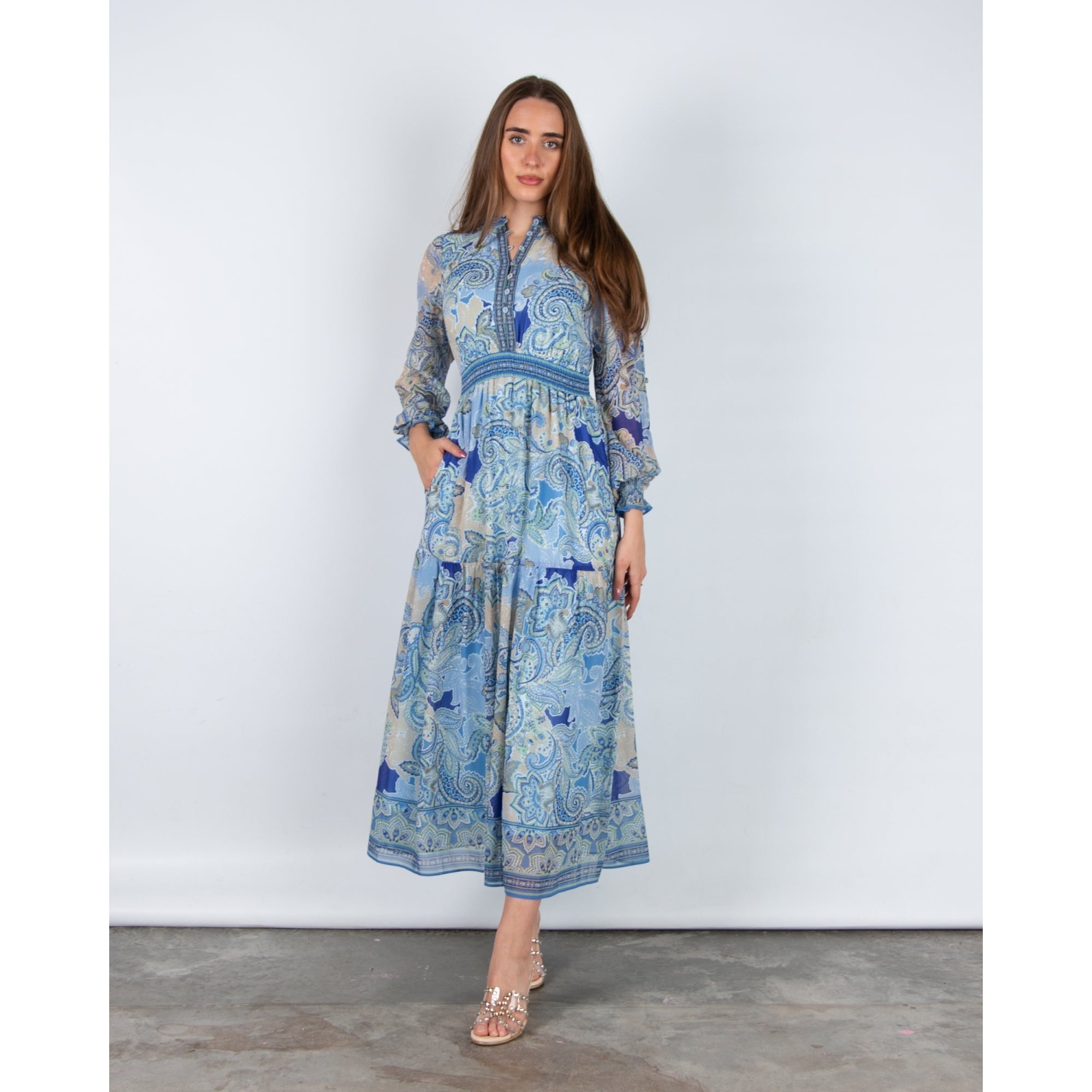 Hale Bob Paisley Button Front Dress With Elastic Waist Blue