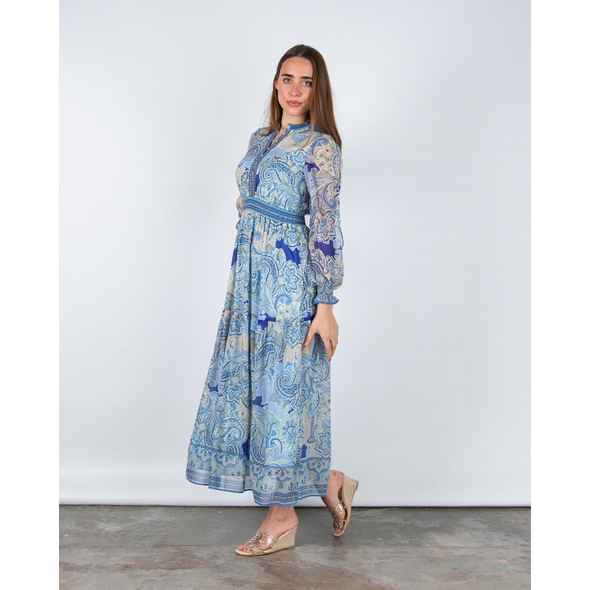 Hale Bob Paisley Button Front Dress With Elastic Waist Blue