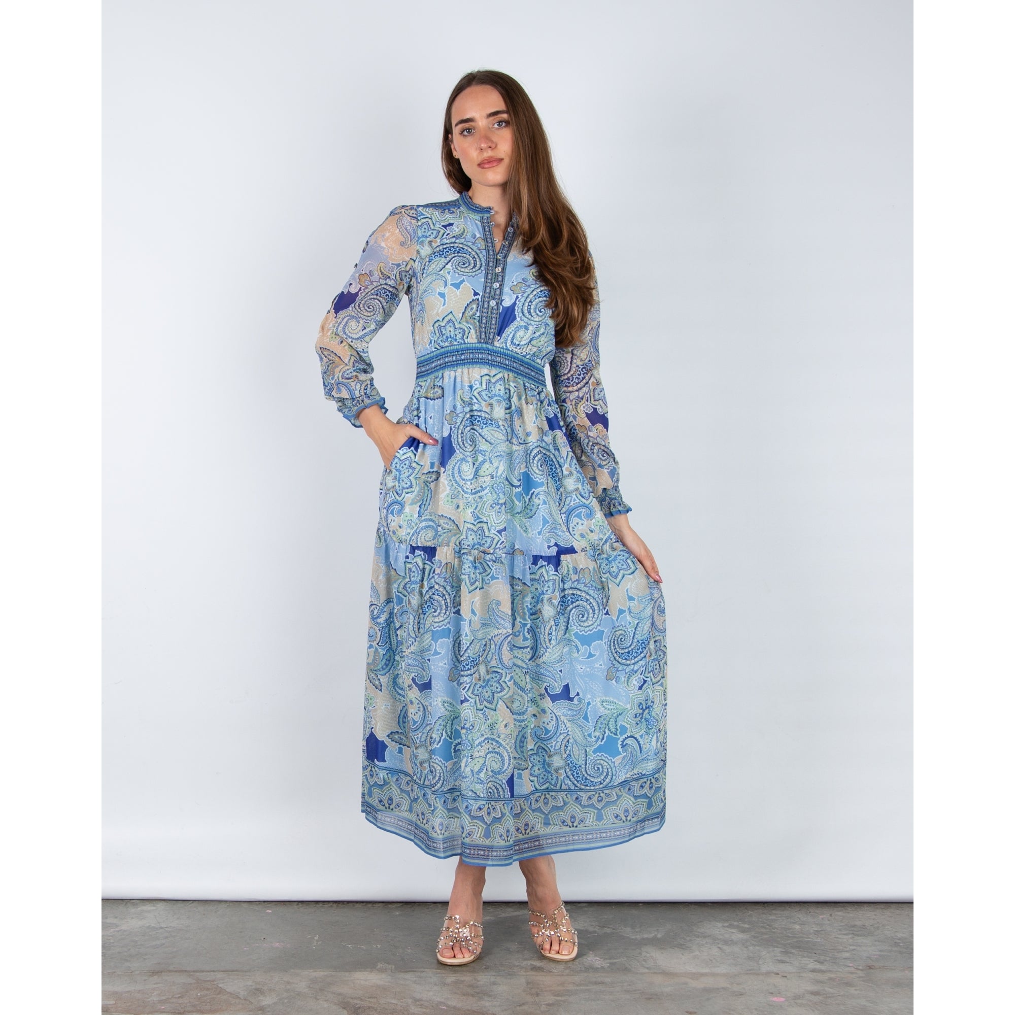 Hale Bob Paisley Button Front Dress With Elastic Waist Blue