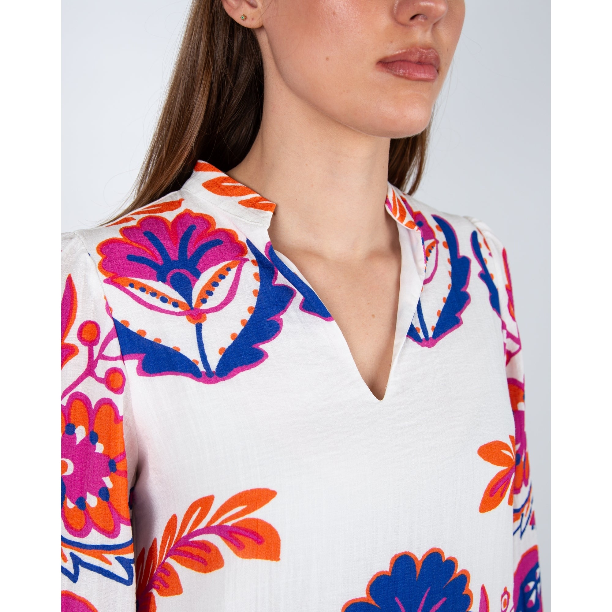 Bariloche Aliana Contrast Floral Split Neck Cotton Dress White/pink