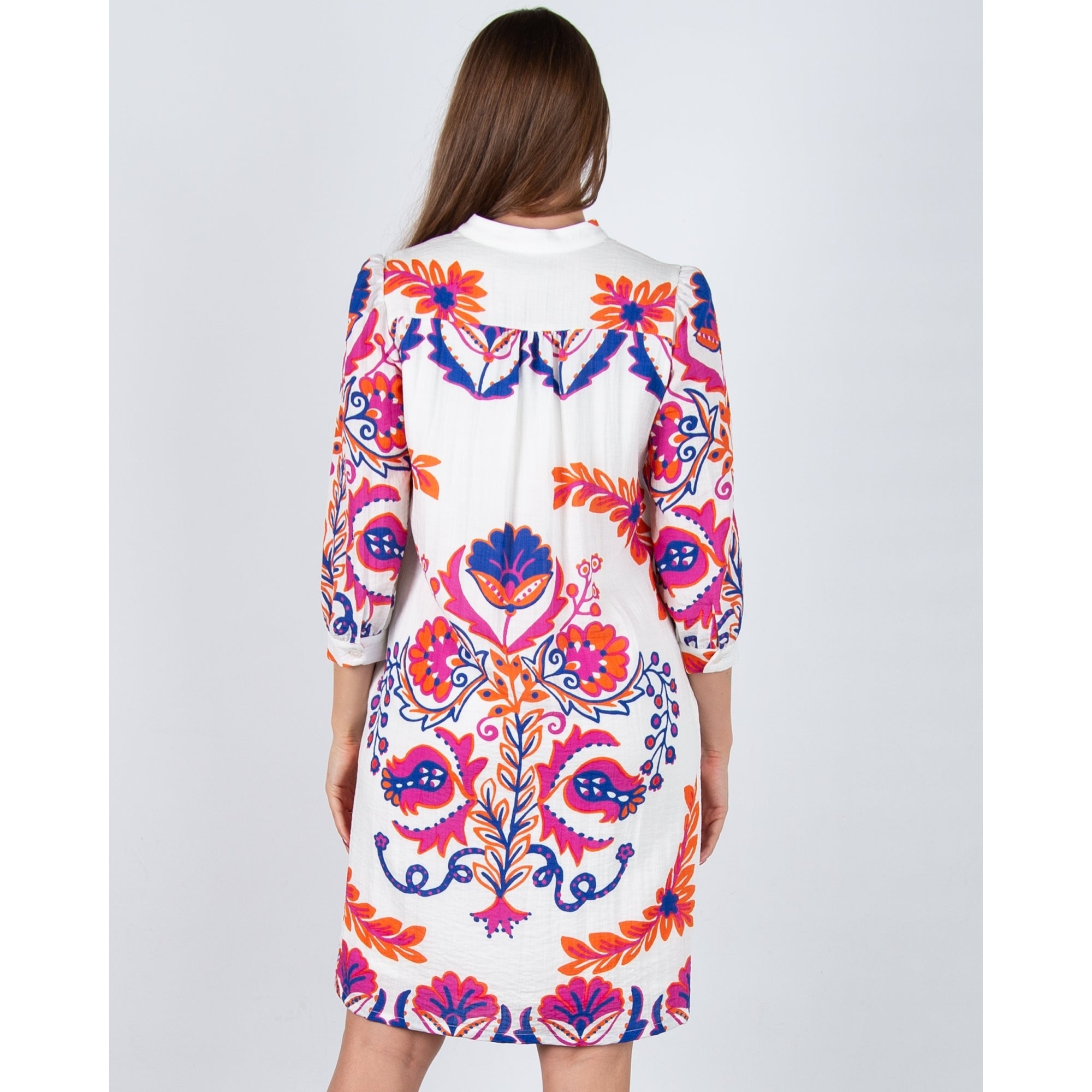 Bariloche Aliana Contrast Floral Split Neck Cotton Dress White/pink