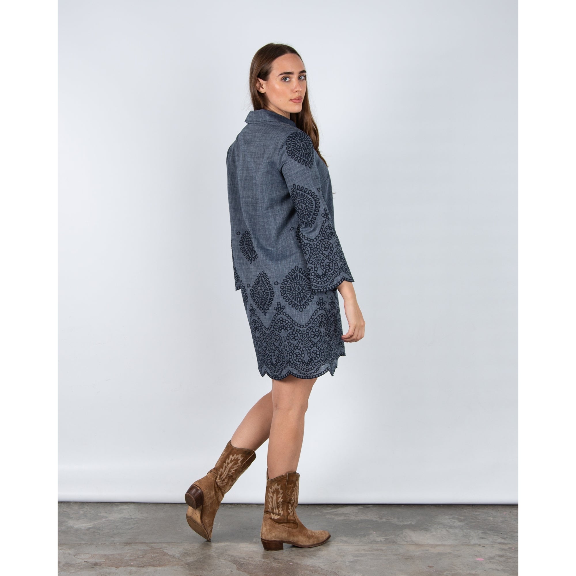 Luisa Cerano Embroidered Shirt Dress (Shorter) 88cm Dark Denim