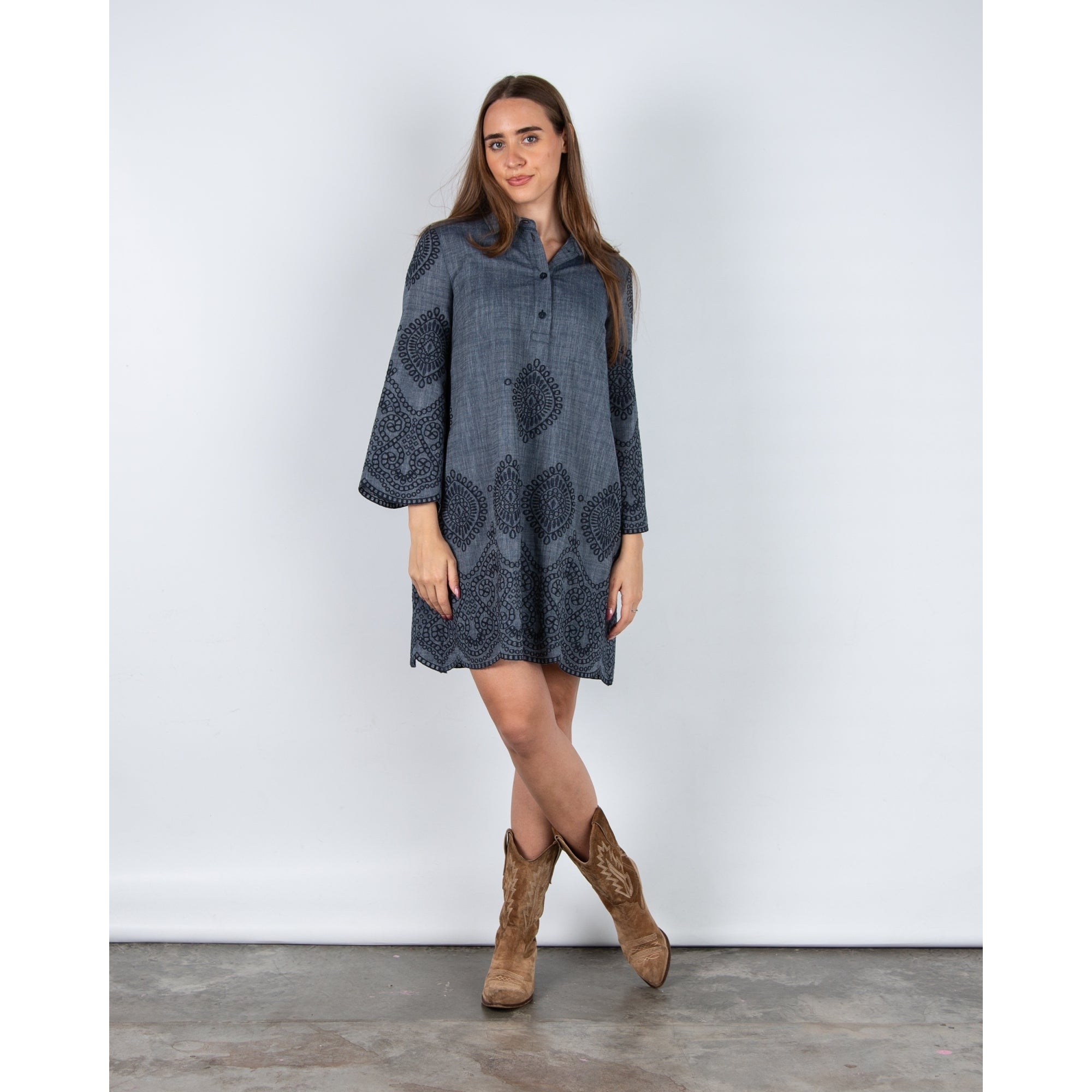 Luisa Cerano Embroidered Shirt Dress (Shorter) 88cm Dark Denim